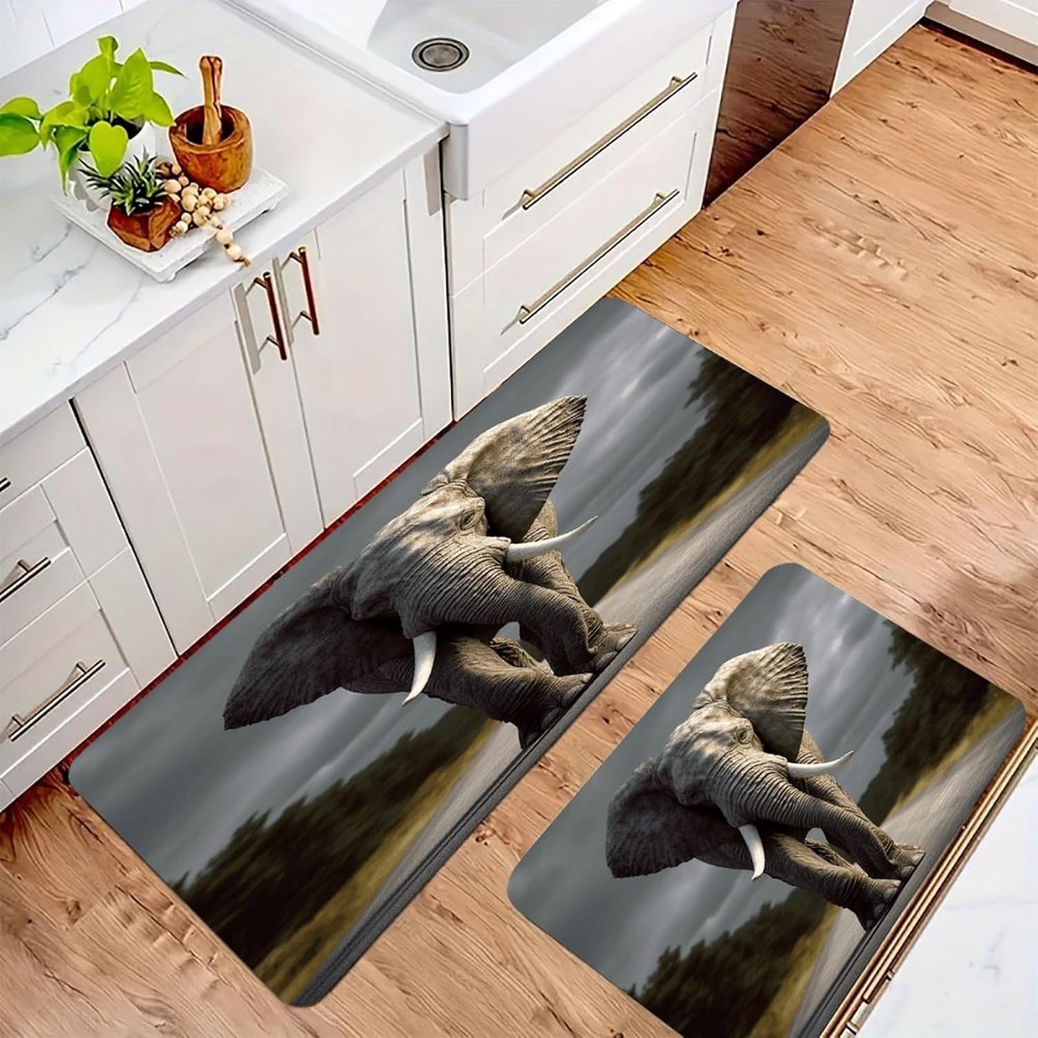 Elephant Kitchen Mat Kitchen Rug Set | Kitchen Rugs Flannel Velvety Washable breathable Water Absorbent Soft ，kitchen utensils for Kitchen, Floor,Laundry