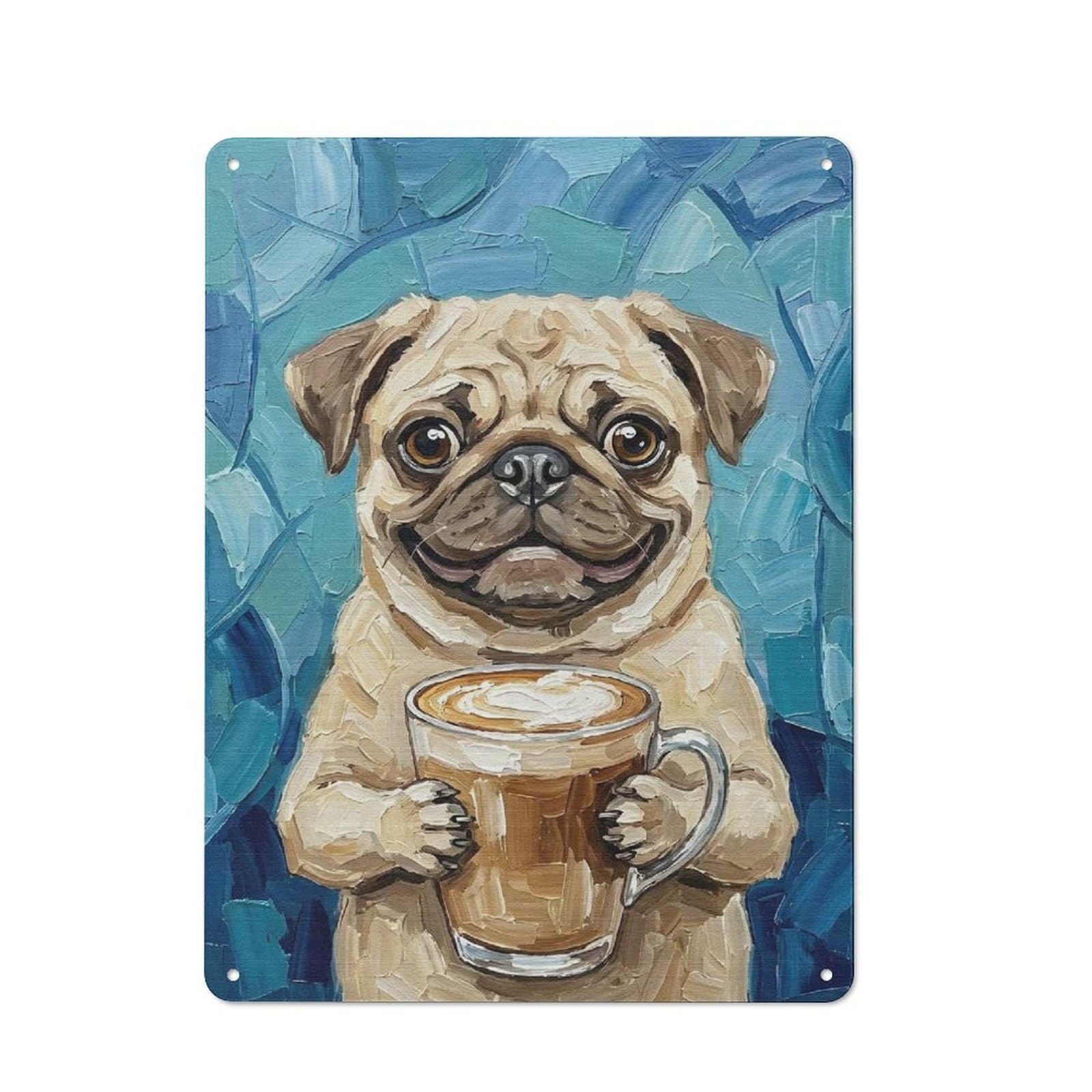Pug with Coffee Retro Metal Sign 40x30cm, Distressed Look Retro Room Decor for Living Room, Hallway, Kitchen Or Cafe