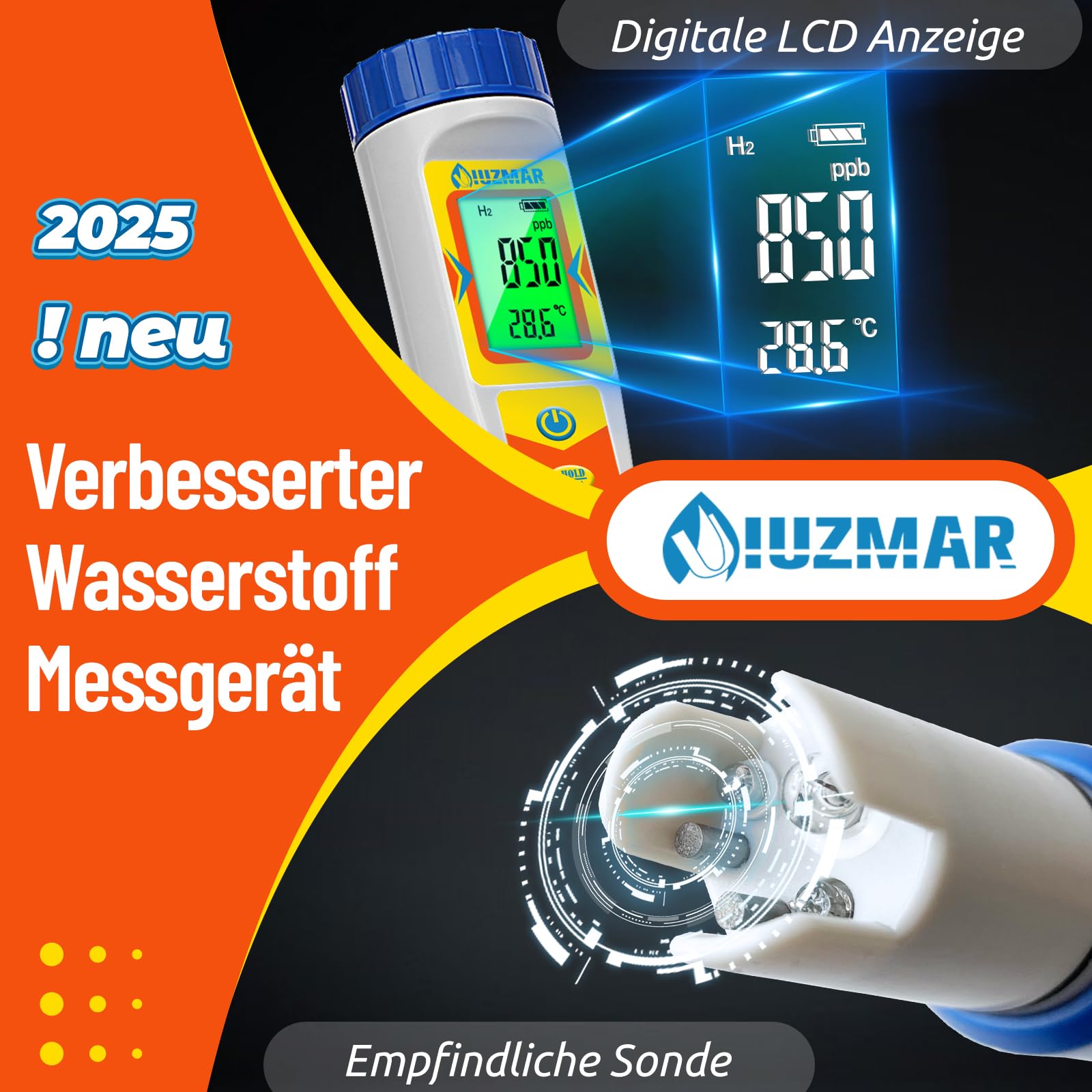 UIUZMAR Wasserstoff Messgerät und pH Messgerät Wasser, Wasserstoff Wasserflaschentester für Trinkwasser, 6 in 1 Wasserqualitätstester Mit pH H2 ORP TDS EC TEMP Funktion für Pool, Whirlpool, Hydroponik