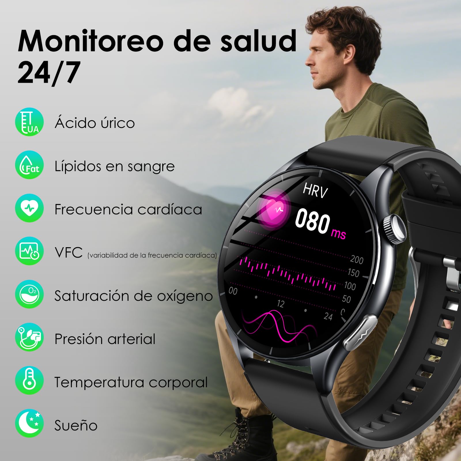 2026 Reloj Inteligente con ECG Presion Arterial 24H Pulsómetro,Hombre Mujer | Reloj Salud Pantalla AMOLED 1,56", Composición Corporal/HRV/Sueño/SpO2/Temperatura Corporal/IMC/30sMini Chequeo/Lámpara LED