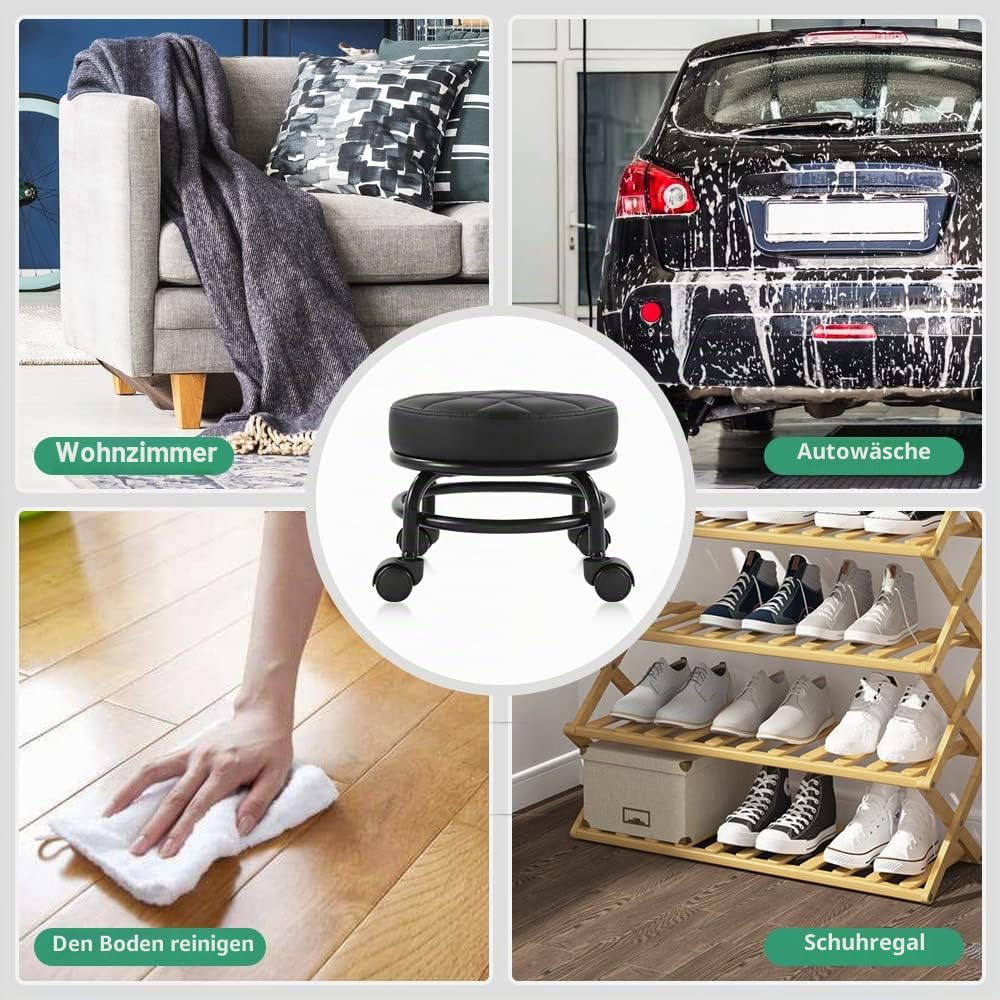 FURWOO Rollsitz PU-Leder Niedriger runder Rollhocker Bodenhocker mit Universal-Rollen für Home Fitness Sport Pediküre Hocker, H：25.5cm(Schwarz)