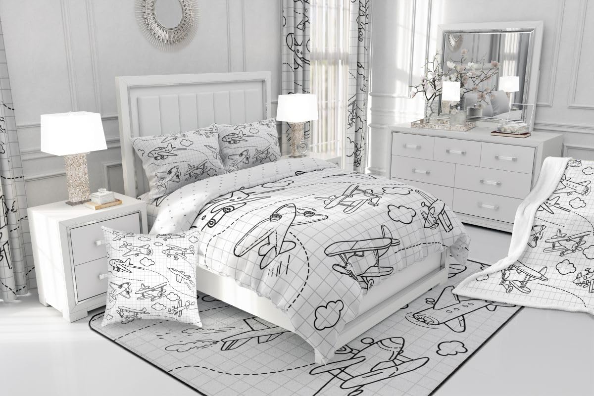 Feelyou Kids Airplane Comforter Set Twin Size Flight Bedding Set for Boys Girls Teens Decor Cloud Travel Comforter Aircraft Black White Duvet Set with 1 Pillow Case Boys