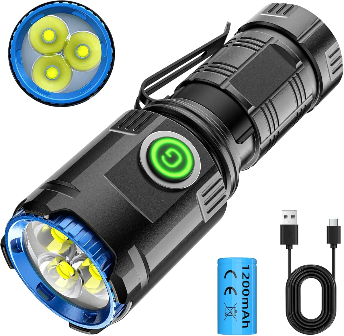 GEARLITE EDC Mini LED Taschenlampe Extra Hell 5000 Lumen, 5 Modi Taschenlampen LED Aufladbar mit Magnetische Klappe, 3×starke LEDs, Handlampe IPX4 Wasserdicht für Stirnlampe (EDC Taschenlampe)
