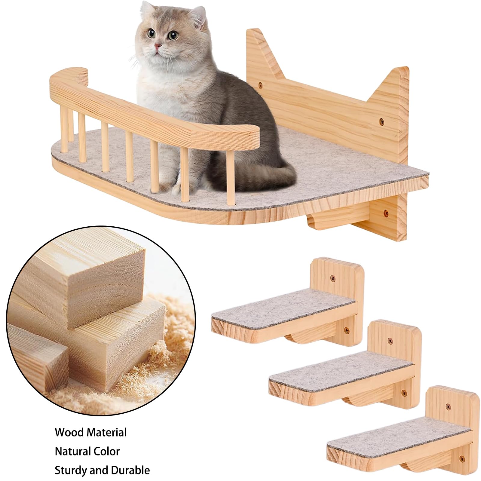 Mensole da Parete per Gatti Con 3 Gradini, Percorso Gatti Muro Arrampicata, Scalini Percorsi per Gatto Scala Scaletta da Parete in Legno Interno per Dormire, Giocare, Saltare e Riposare