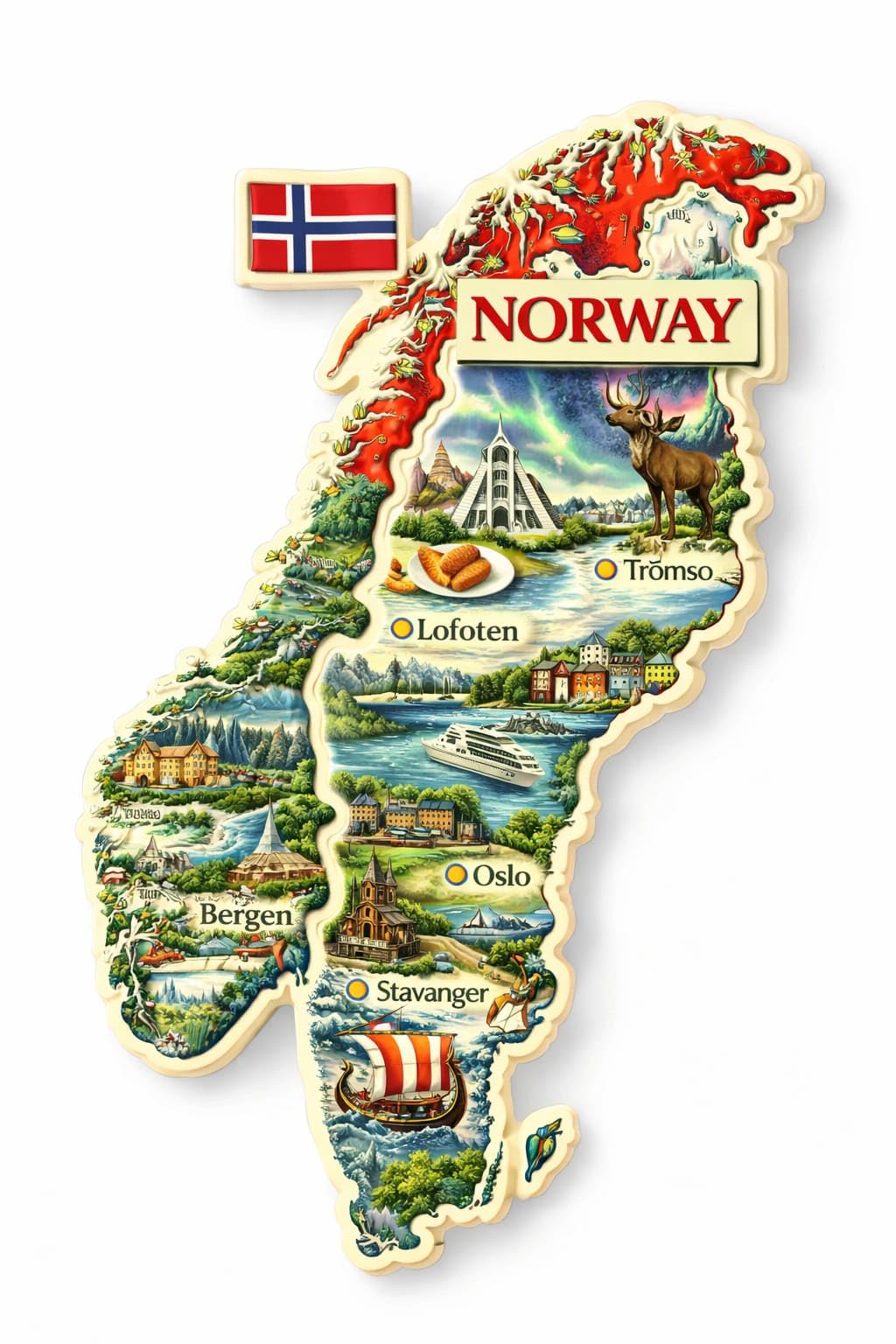 Norway Tourist Souvenir Fridge Magnet – 3D Illustrated Country Map with Cities & Landmarks, Decorative Refrigerator Magnet Collectible.-image-28