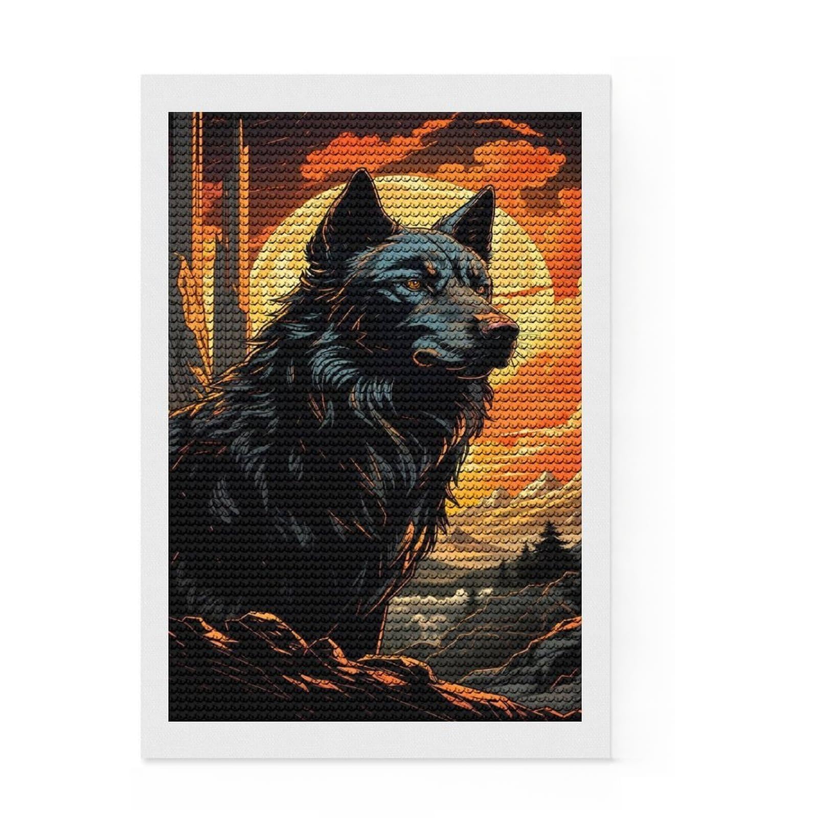 Junmoney Majestic Black Wolf Moon Full Drill Diamond Painting Kit 8"x12", for Beginners, Relaxing DIY, Full Kit Included, Thoughtful Present