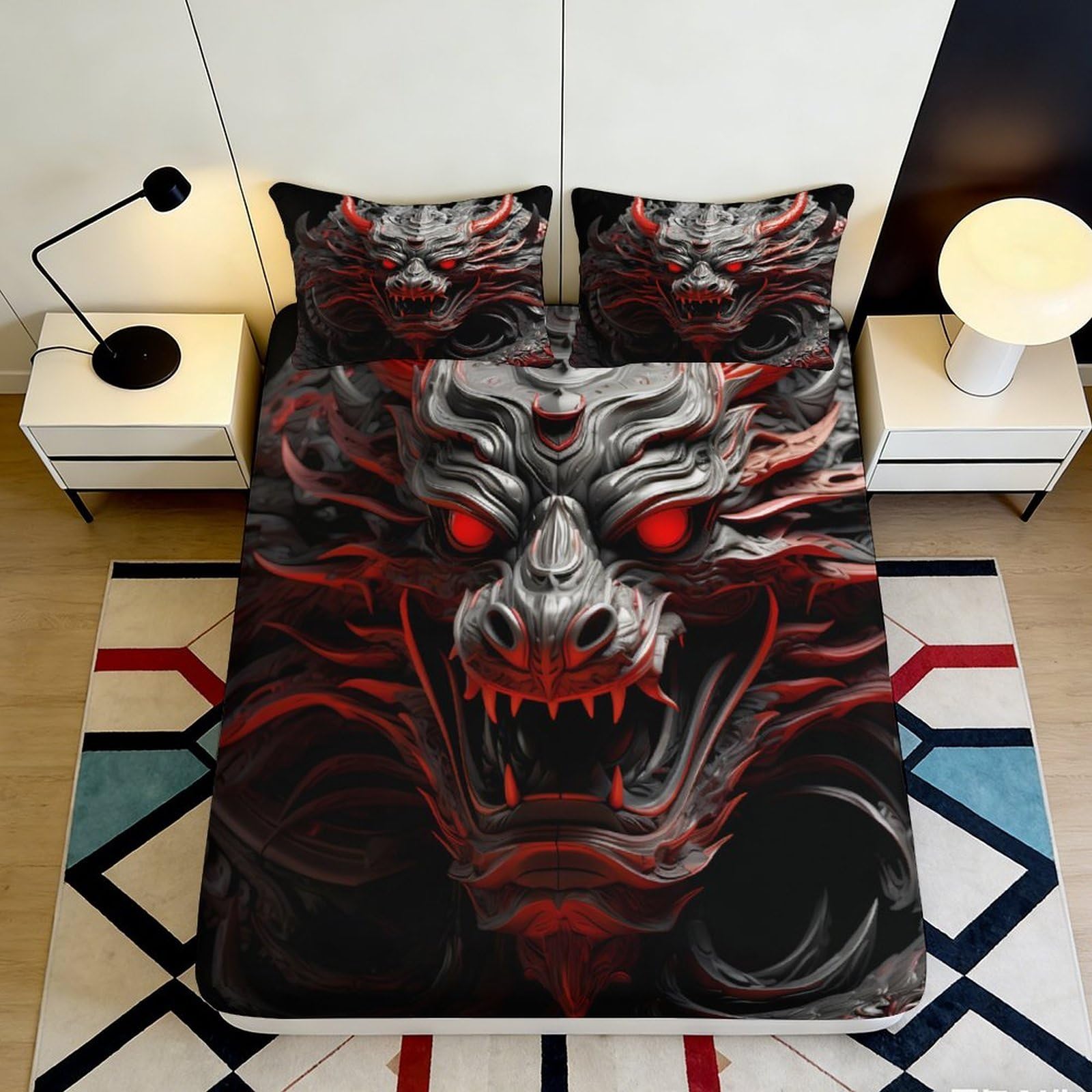 3D Printed Demon Skull Fitted Sheet Microfiber Deep Pocket Non-Slip Demon Skull Mattress Fitted Cover Washable Bedding 200x200x25cm
