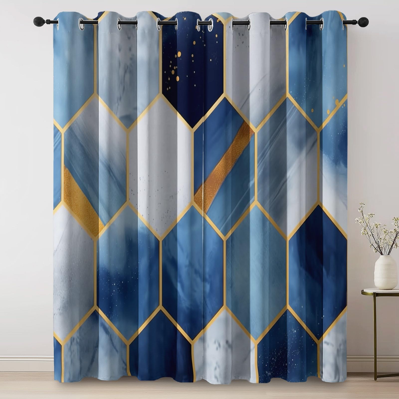Décoration Géométrie Abstraite Hexagones, Rideaux Longs 140L X 260H cm (2 Panneaux), Tissu Occultant Thermique pour Baie Vitrée, Bleu