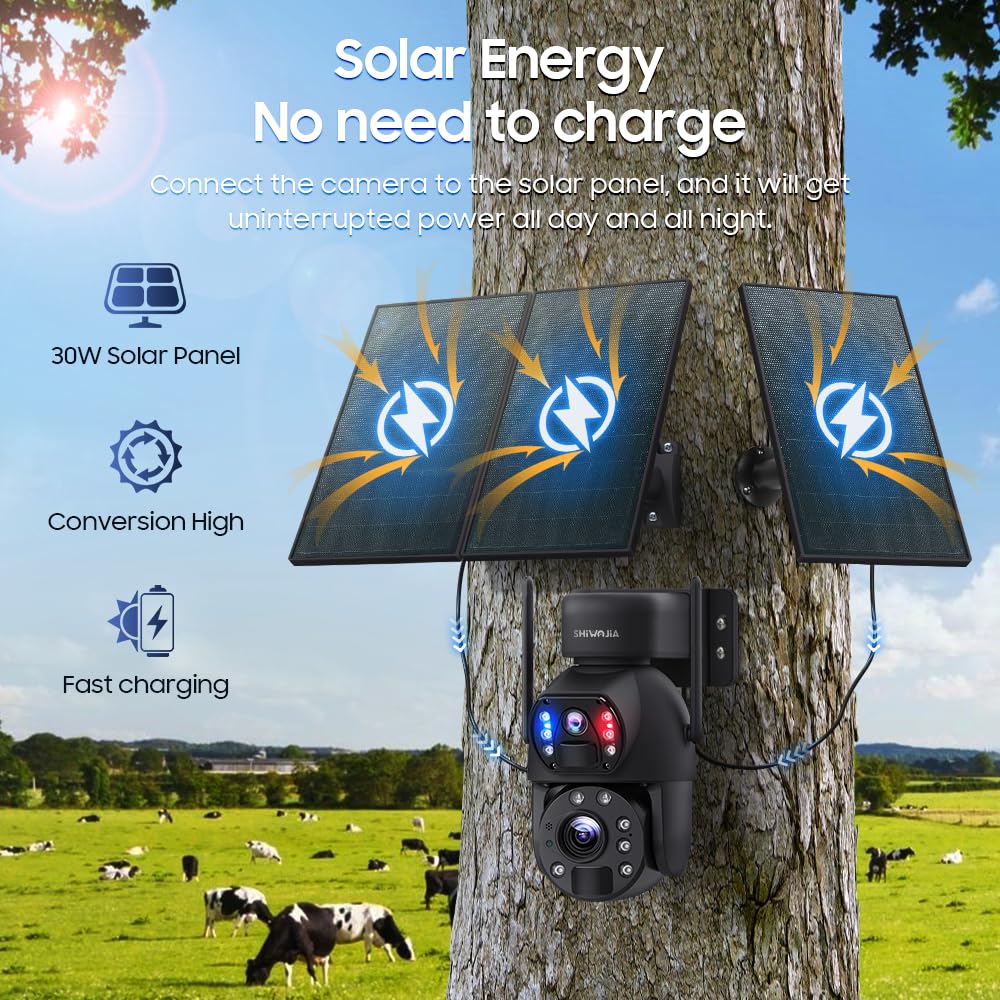 SHIWOJIA Telecamera di sorveglianza WiFi esterna senza fili con 30 W pannello solare 20,000 mAh batteria 6 MP fotocamera esterna senza fili [registrazione 24/7], doppia lente doppia PIR, IP66