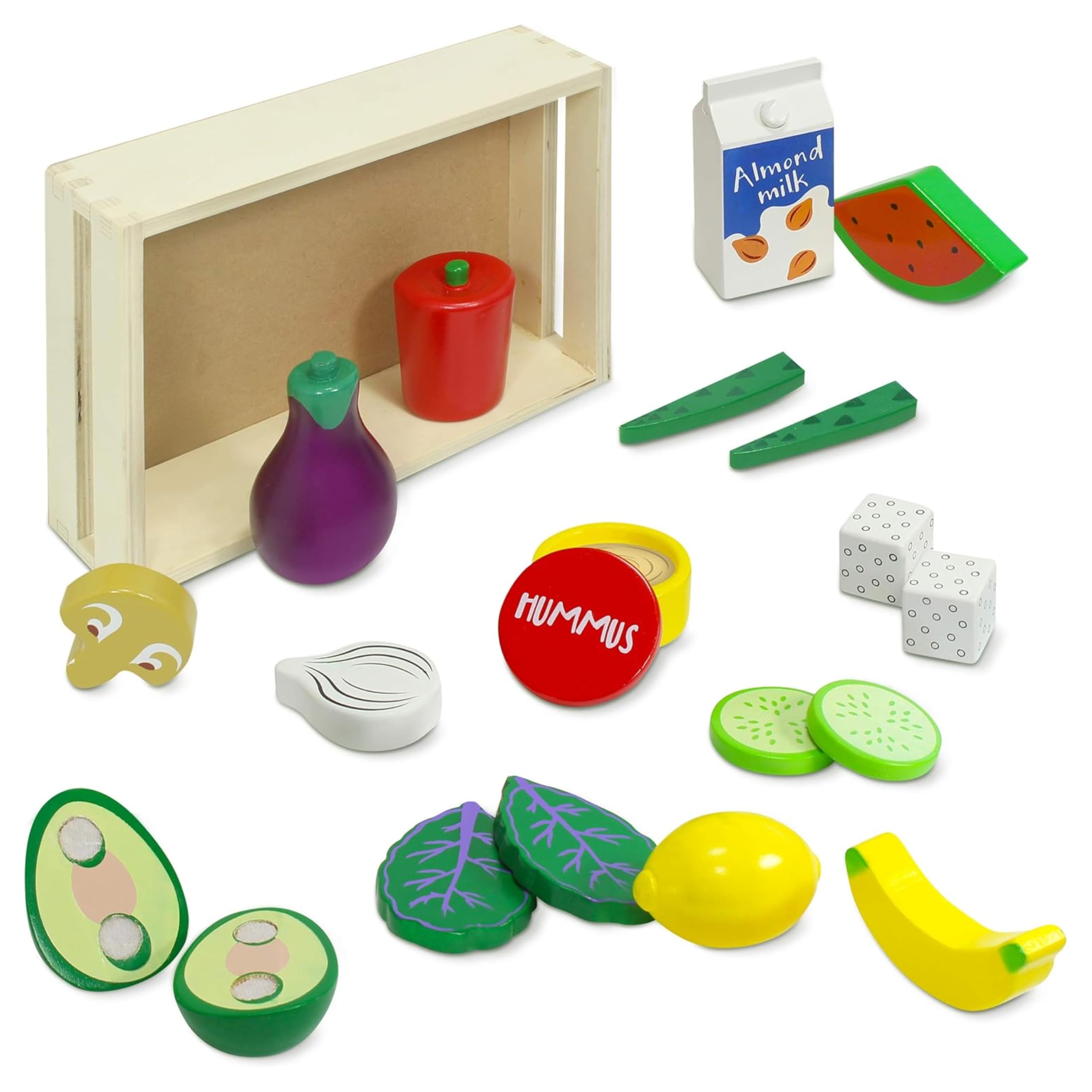 Kidzlane Wooden Vegan Toys with Wooden Crate | 20 Piece Wood Play Food Set for Kids Kitchen | Play Kitchen Accessories for Toddlers | Pretend Food
