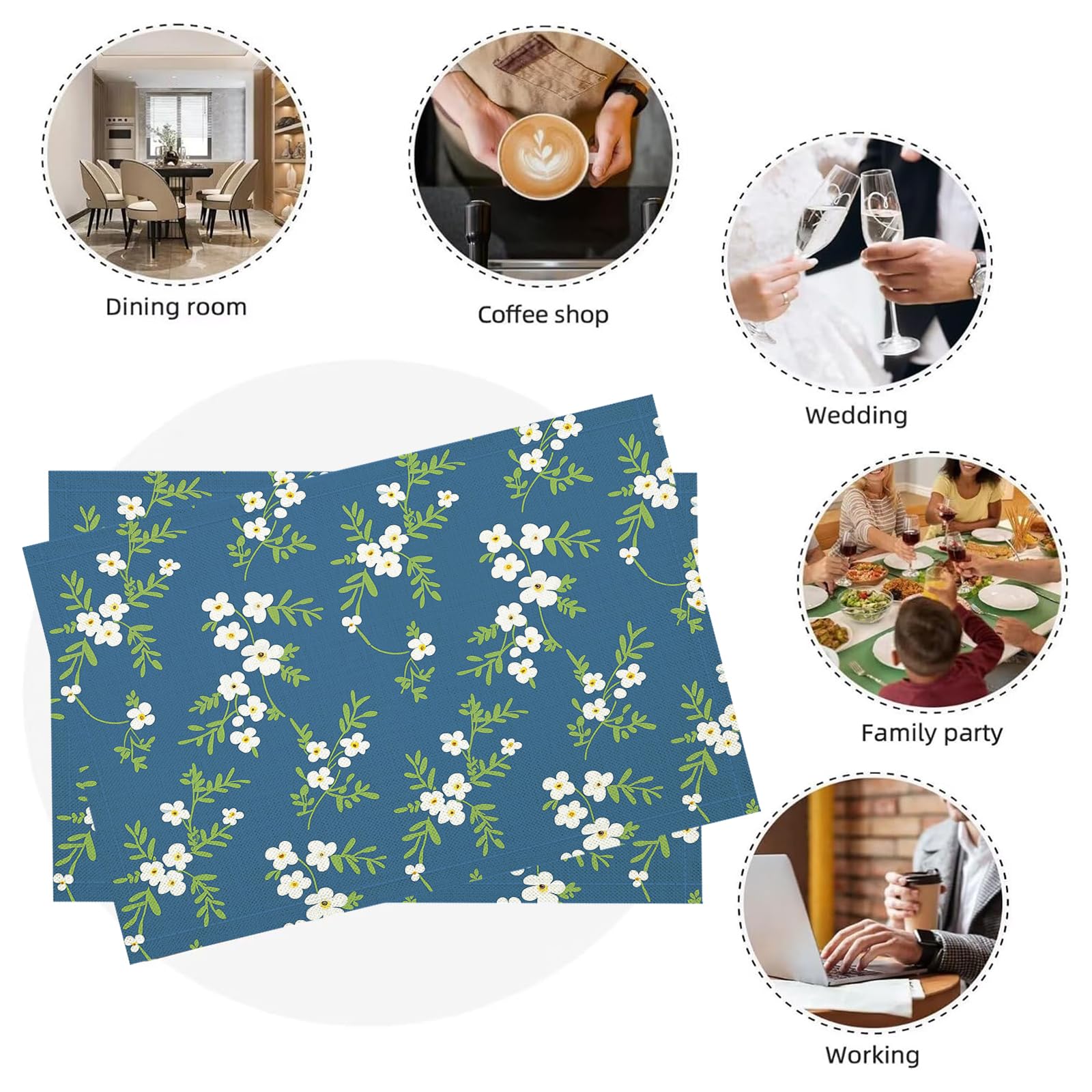 Tovaglietta Americana Fiori Semplici in Cotone Lino Rettangolare - Tovagliette Set di 8 Piccoli Cento Fiori Resistente al Calore per La Cucina, Il L'Ufficio, 30 x 45cm