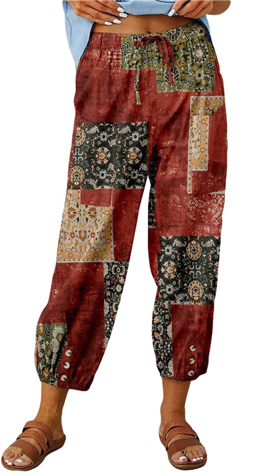 SOUWINEMYI Womens Capri Pants Cotton Linen Cropped Trousers Summer Wide Leg Drawstring High Waist Palazzo Pants with Pockets