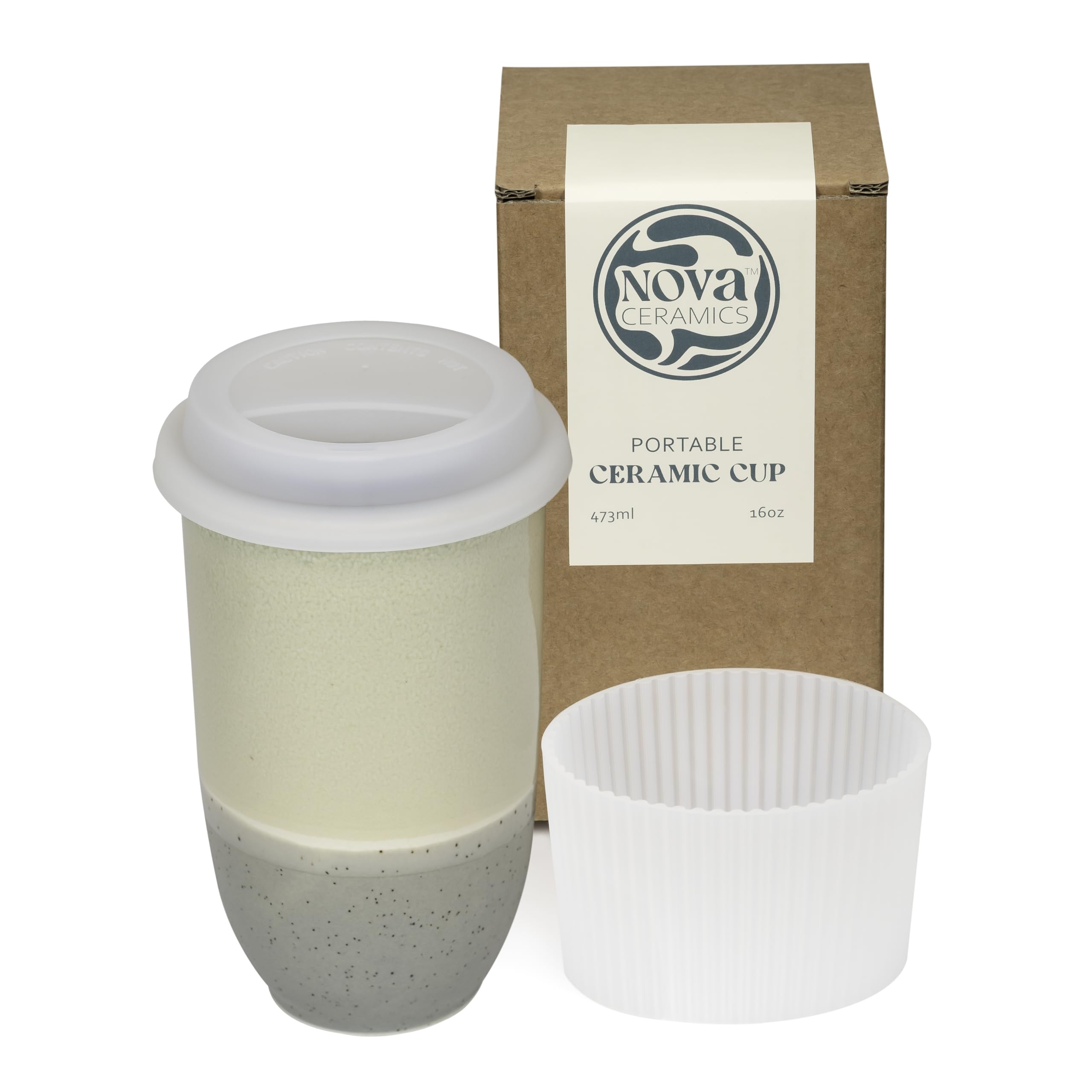 NOVA Ceramics Travel Mug - Ceramic Coffee Mug with Lid – Microwave & Dishwasher Safe Coffee White & Grey Tumbler - Gifts for Women Men Him Her – 16oz – Mist