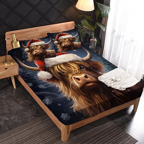 Miniatura 2 de zcsm Highland Cow Sábanas tamaño individual  Sábanas de cama de animales de granja de Navidad, microfibra suave y bolsillo profundo, sábanas y