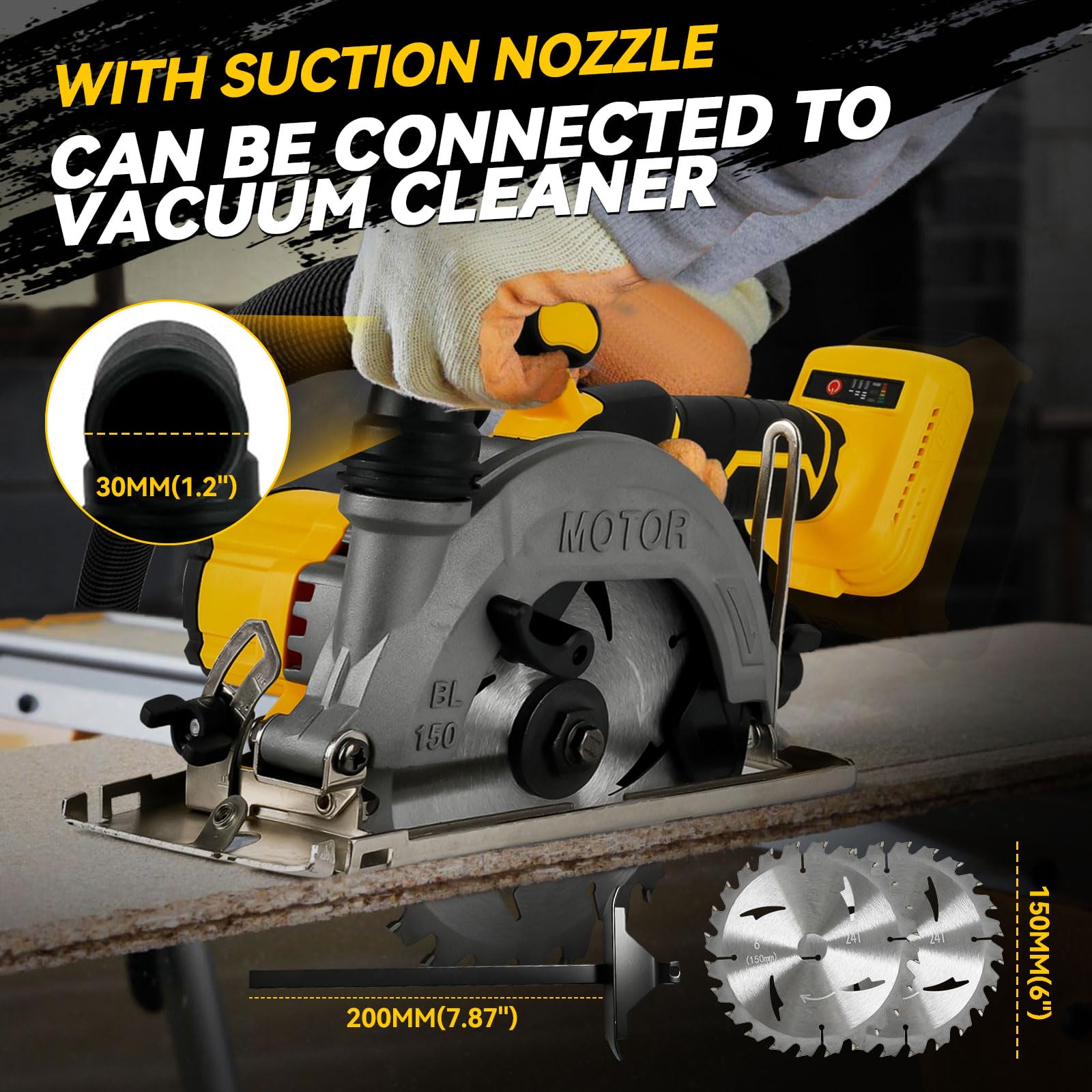 Sierra circular inalámbrica para sierra circular Dewalt de 18 V 20 V, 6200 RPM sin escobillas con 2 cuchillas de 150 mm, profundidad de corte y ángulo de 50 mm a 33 mm para madera, metal blando y
