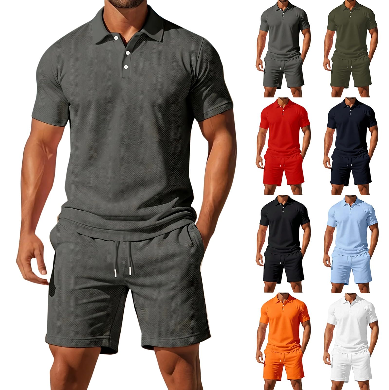 MJGkhiy Tuta Uomo Completa Estiva Corta,2 Pezzi Tute da Ginnastica Polo Manica Corta e Pantaloncini Sportivi con Tasche Set Casual Leggero Traspirante Streetwear per Trekking Jogging Palestra Fitness