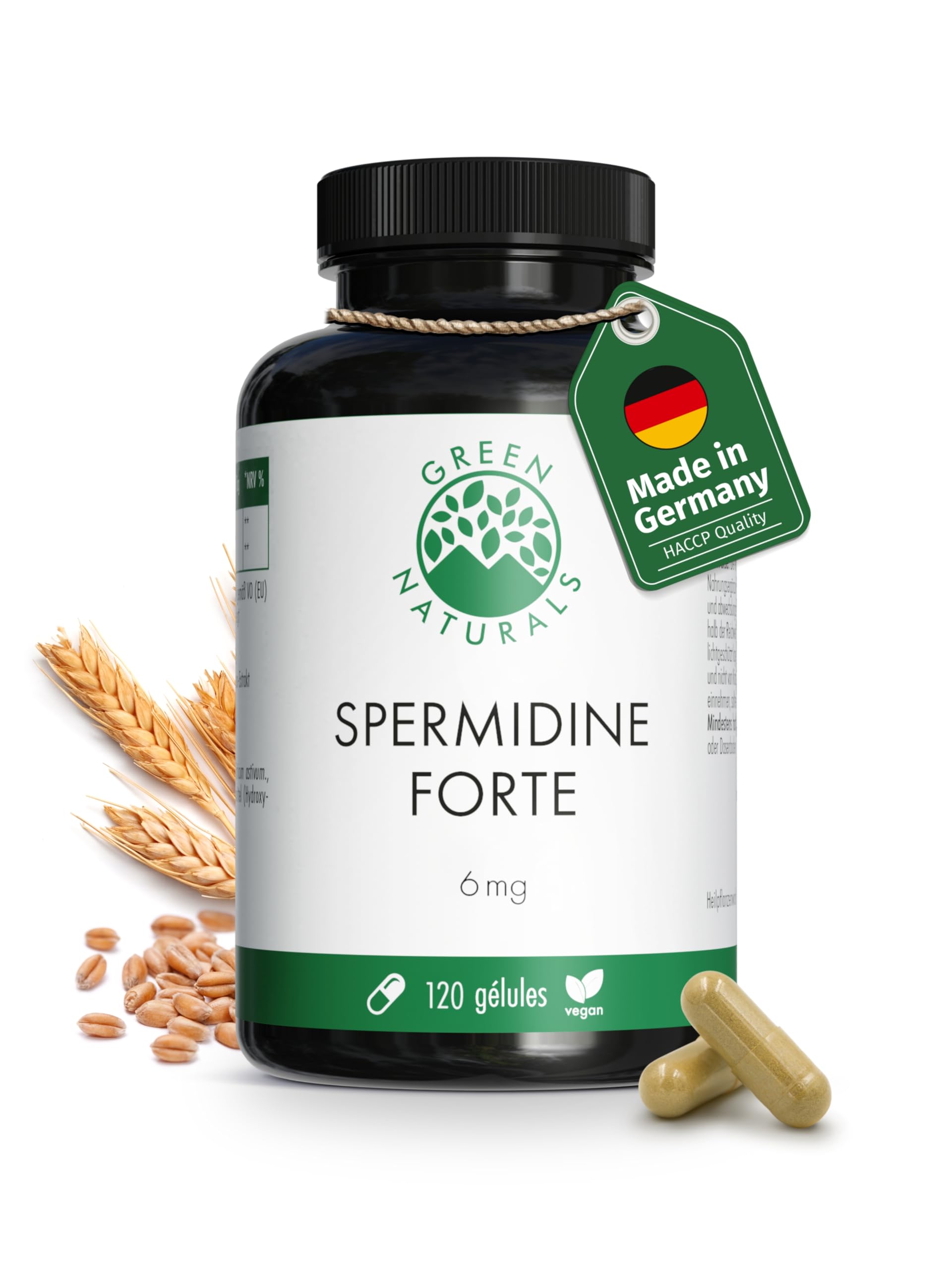 Spermidine Forte – Hautement dosé : 6 mg par capsule d'extrait de germe de blé – Testé en laboratoire – 120 gélules Green Naturals®