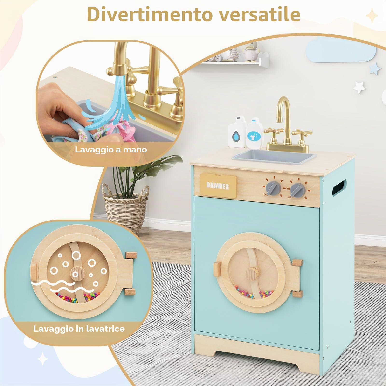 FANTASK Set di Gioco Lavatrice, Giocattolo di Legno per Bambini con Detersivo & Igienizzante per le Mani, Set di Biancheria con Lavandino, Cassetto & Ruota Girevole, per Bambini dai 3 Anni