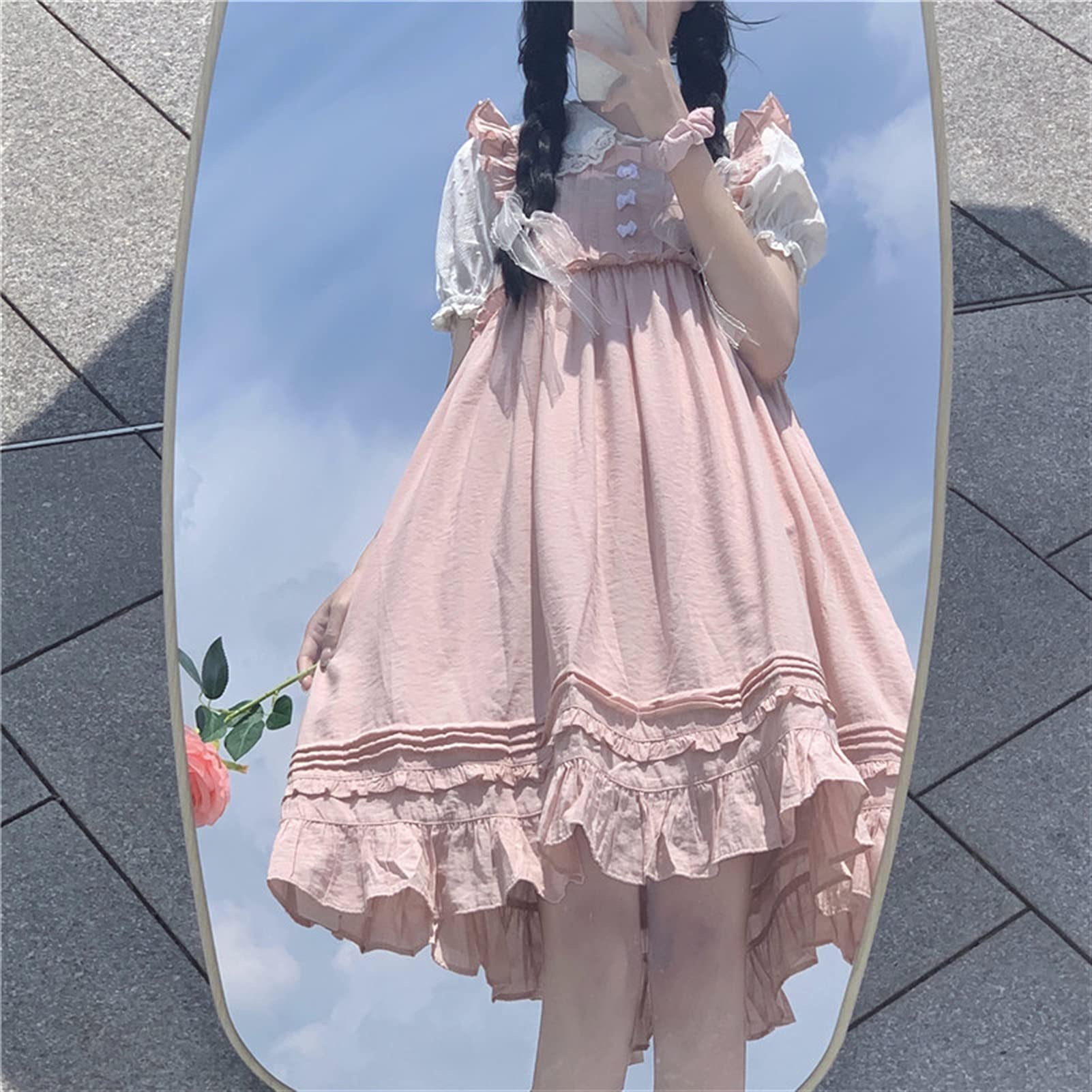 Amazon.com: WWH Lace Bubble Sleeve White Shirt Summer Sweet and Lovely Pink  Lace Swing Dress Lolita Dress Set (Color : Pink, Size : Large) : Clothing,  Shoes & Jewelry