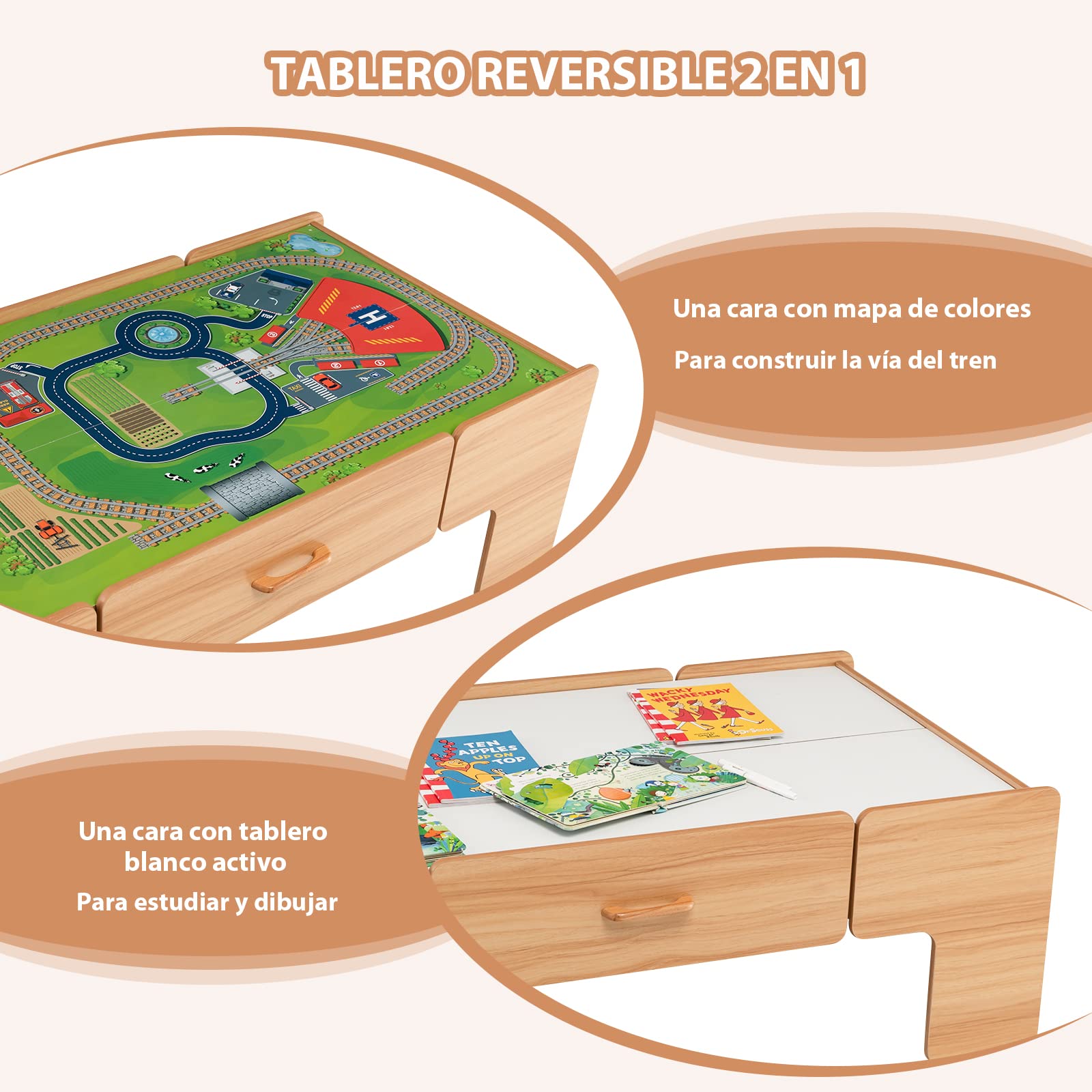 COSTWAY Set de Tren y Mesa de Actividades de Juguete de Madera para Niños con Tablero Reversible, Cajón, Coches, Personajes, Juego Creativo de Tren y Pista para Niños a Partir de 3 Años