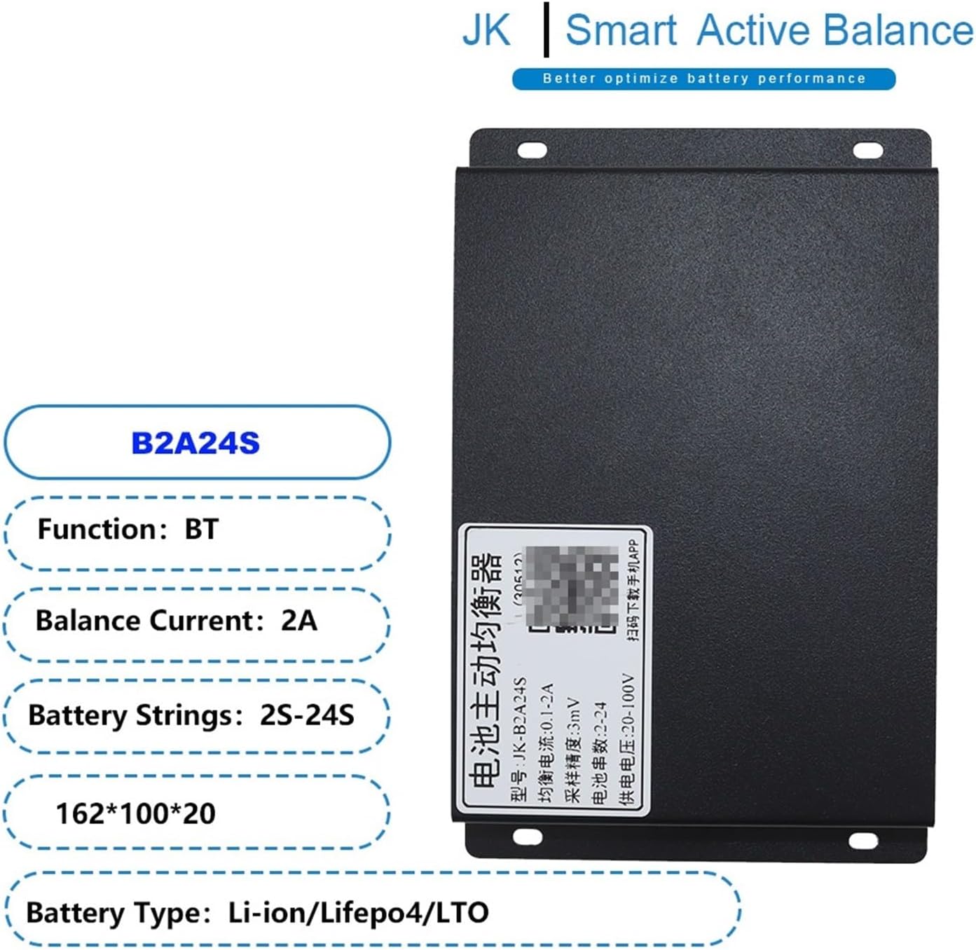 JK BMS Smart Active Balancer B2A24S unit with key specifications
