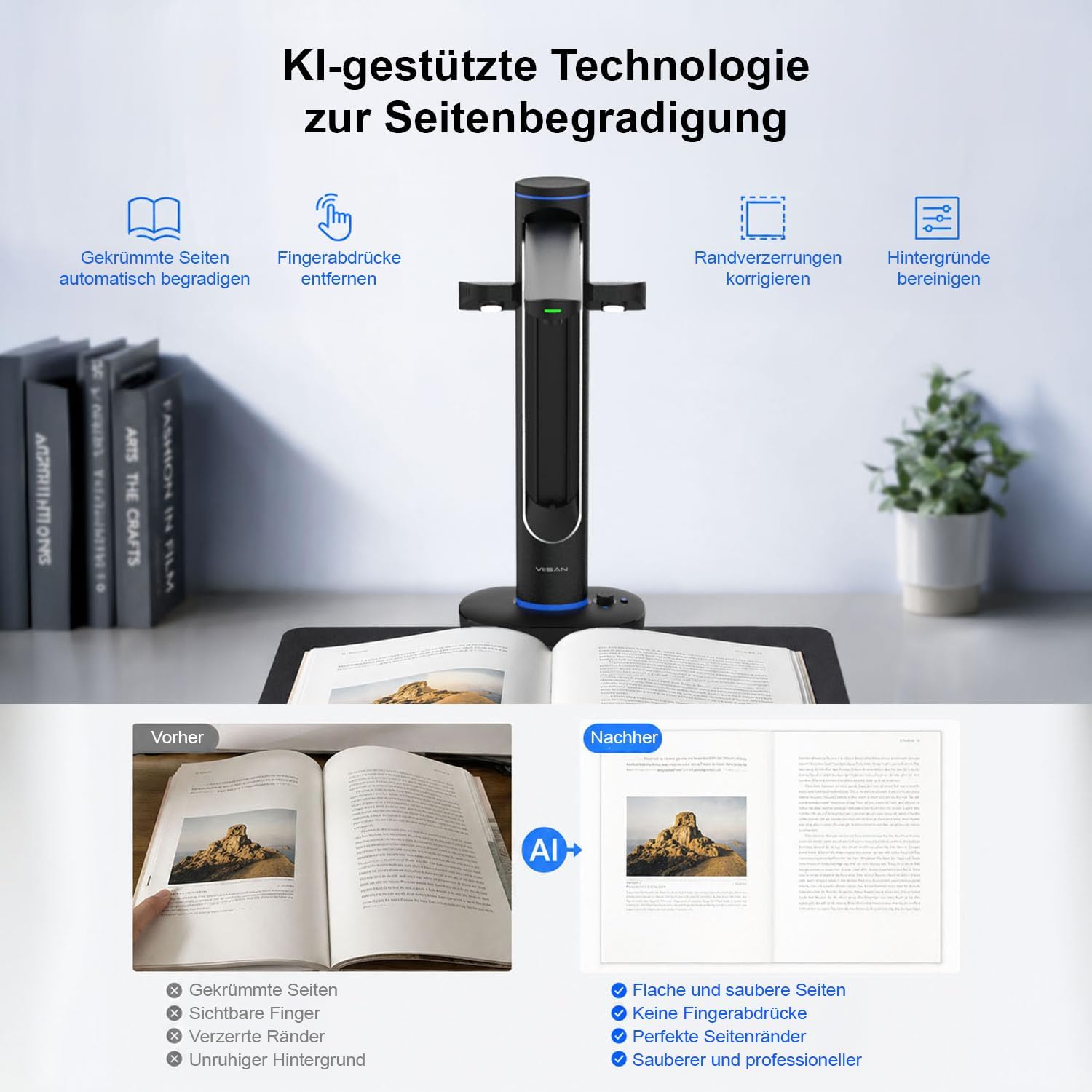 VIISAN S48 Duo Professioneller A2/A3 Buchscanner, Dual 48MP CMOS-Sensoren, 600 DPI, Automatisches Glätten der Buchfalz, OCR-Texterkennung, LED-Beleuchtung, Kompatibel mit Windows & macOS
