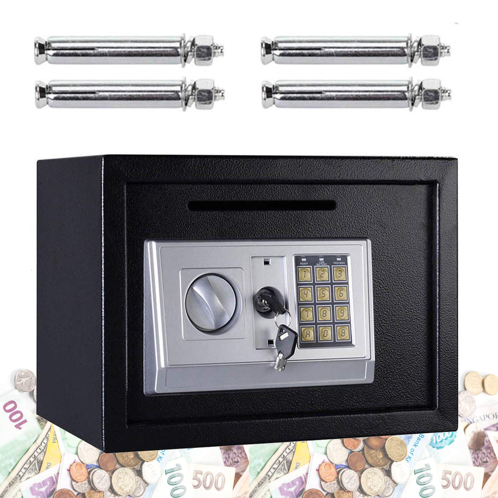 Bowose Black 16L Safe Box With Override Key & Electronic Keypad Solid Steel With Posting Slot For Home Office Hotel Cash Jewelry Storage,