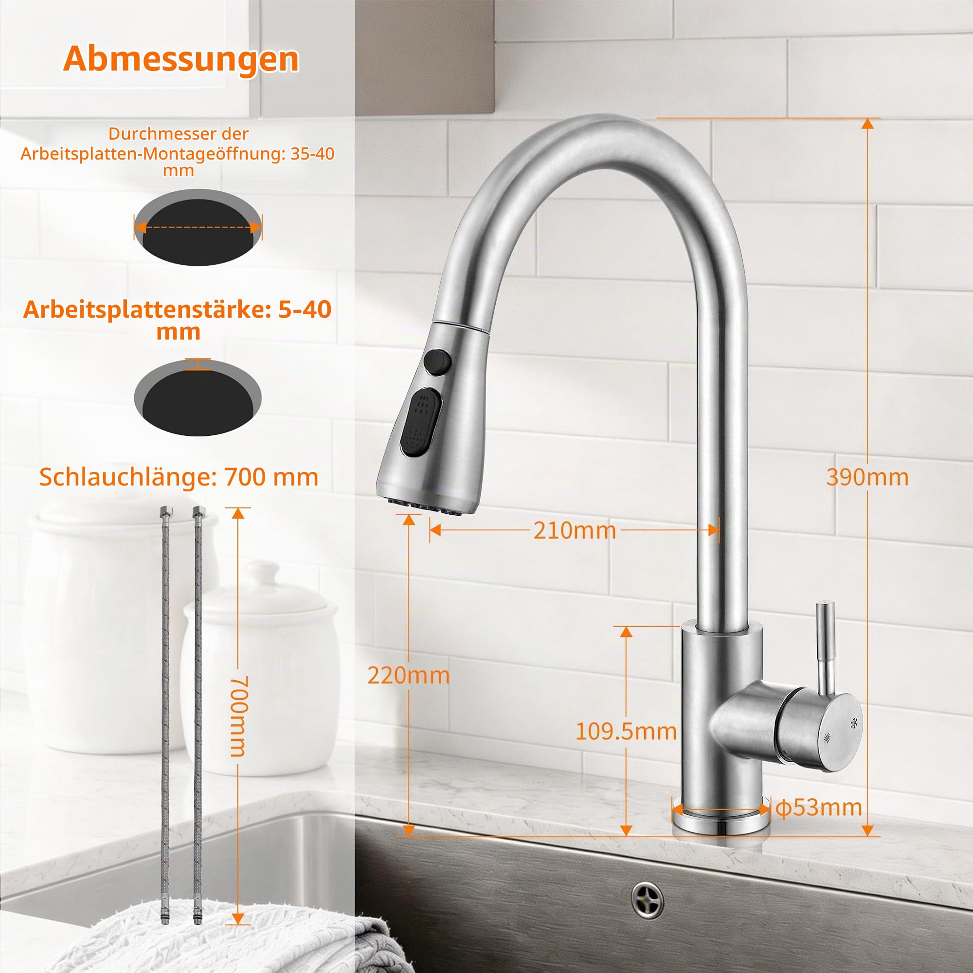 HOMELODY Wasserhahn Küche Edelstahl mit Ausziehbrause