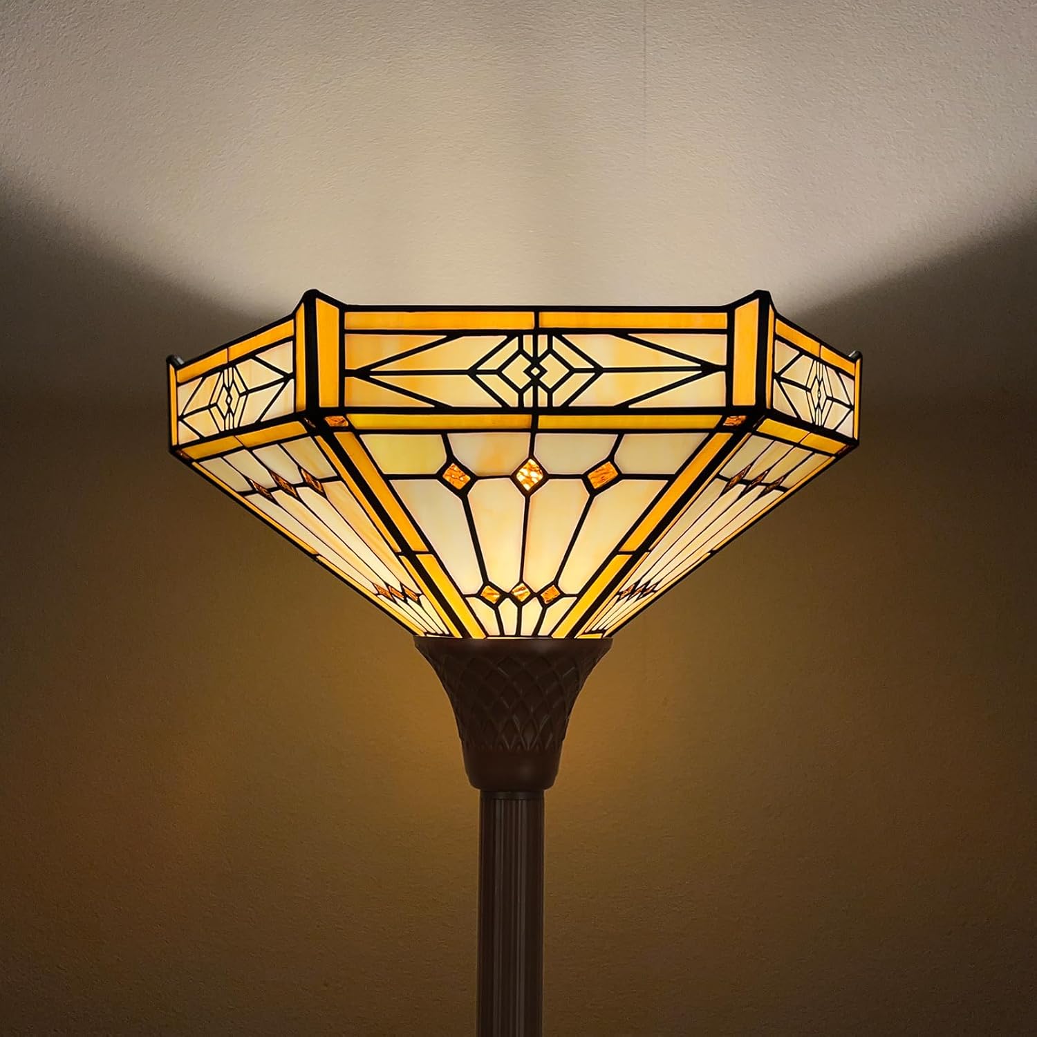 Capulina Tiffany Lamp Stained Glass Torchiere Floor Lamp 70 Inches Tall Industrial Pole Cream Hexagon Tiffany Style Standing Floor Lamp for Home Office Living Room Bedroom