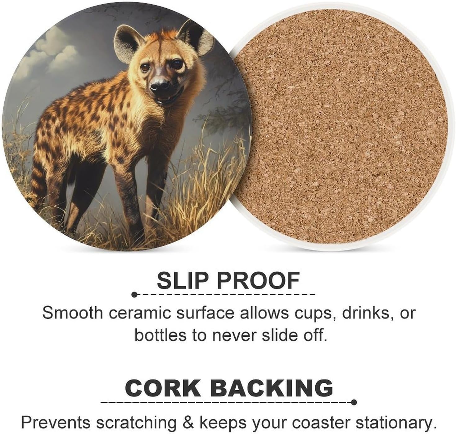 African Hyena Round Ceramic Coasters for Drinks Absorbent Cup Holder Tabletop Protector with Cork Base