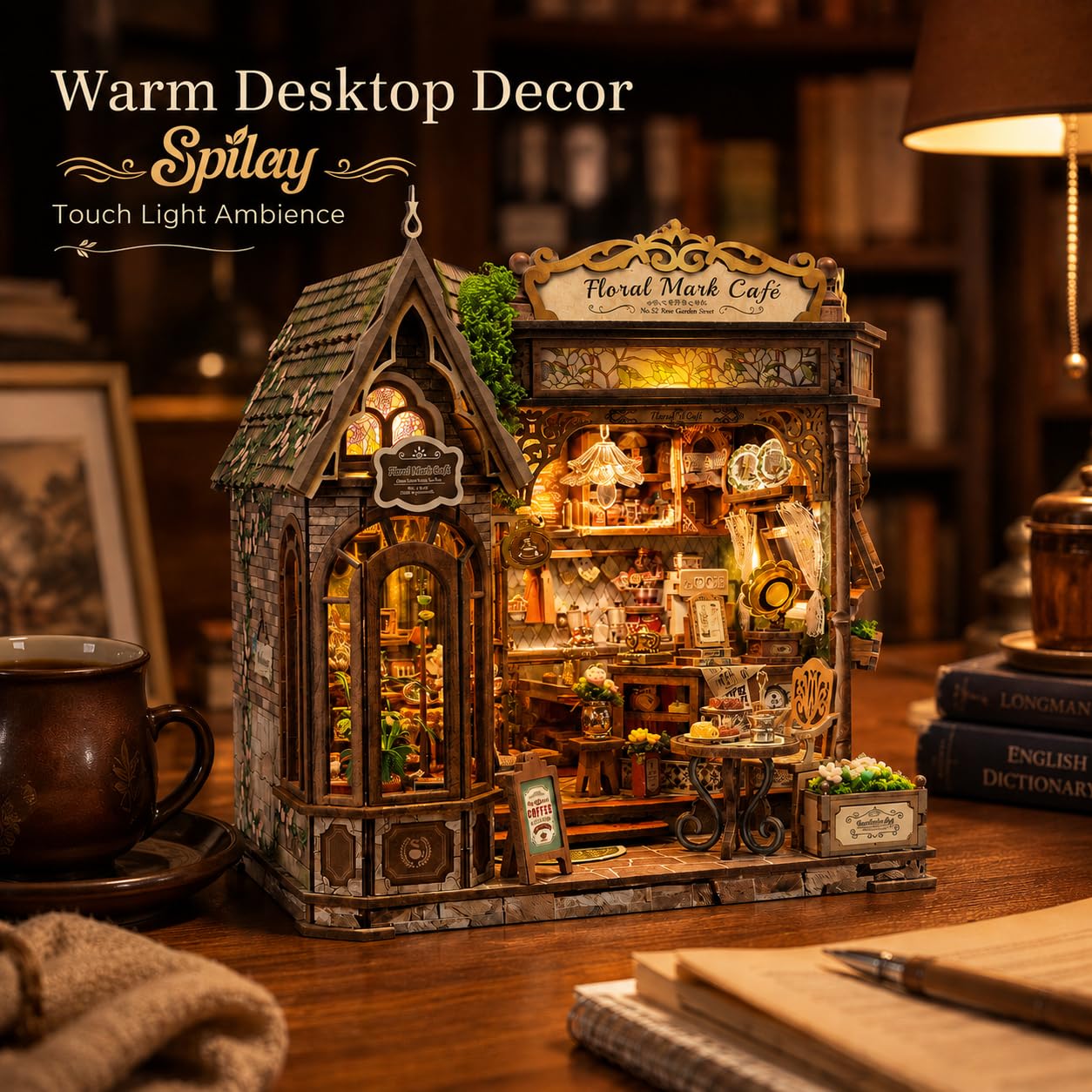 Spilay Miniatur Haus, Vintage Blumencafé Puppenhaus Holz | DIY Miniature House mit LED-Licht, 3D Puzzle für Erwachsene, Miniatur Bausatz, Regal Deko Geschenk
