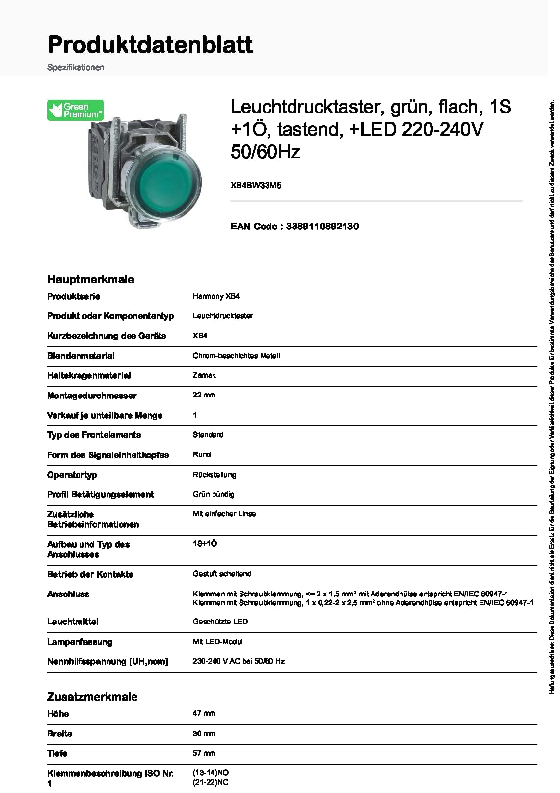Schneider Electric XB4BW33M5 Pulsador Iluminado Diámetro 22, Retorno Resorte Nivelado, 240 V, 1 NA + 1 NC, Verde