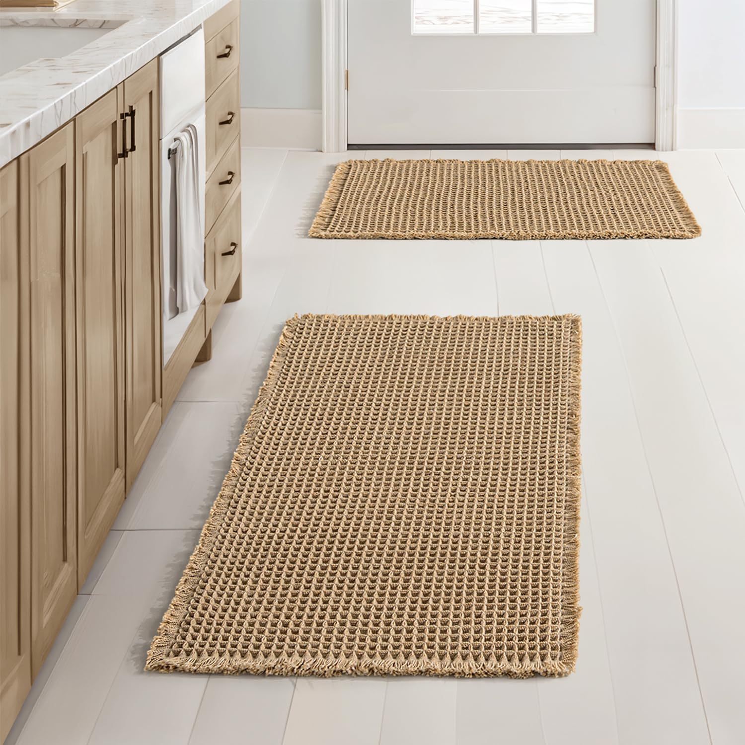 MIULEE Set of 2 Waffle Bathroom Rugs, Boho Bath Rugs Non Slip Washable, Super Absorbent Bath Mats, Ultra Soft Rubber Backed Shower Mats for Bathroom