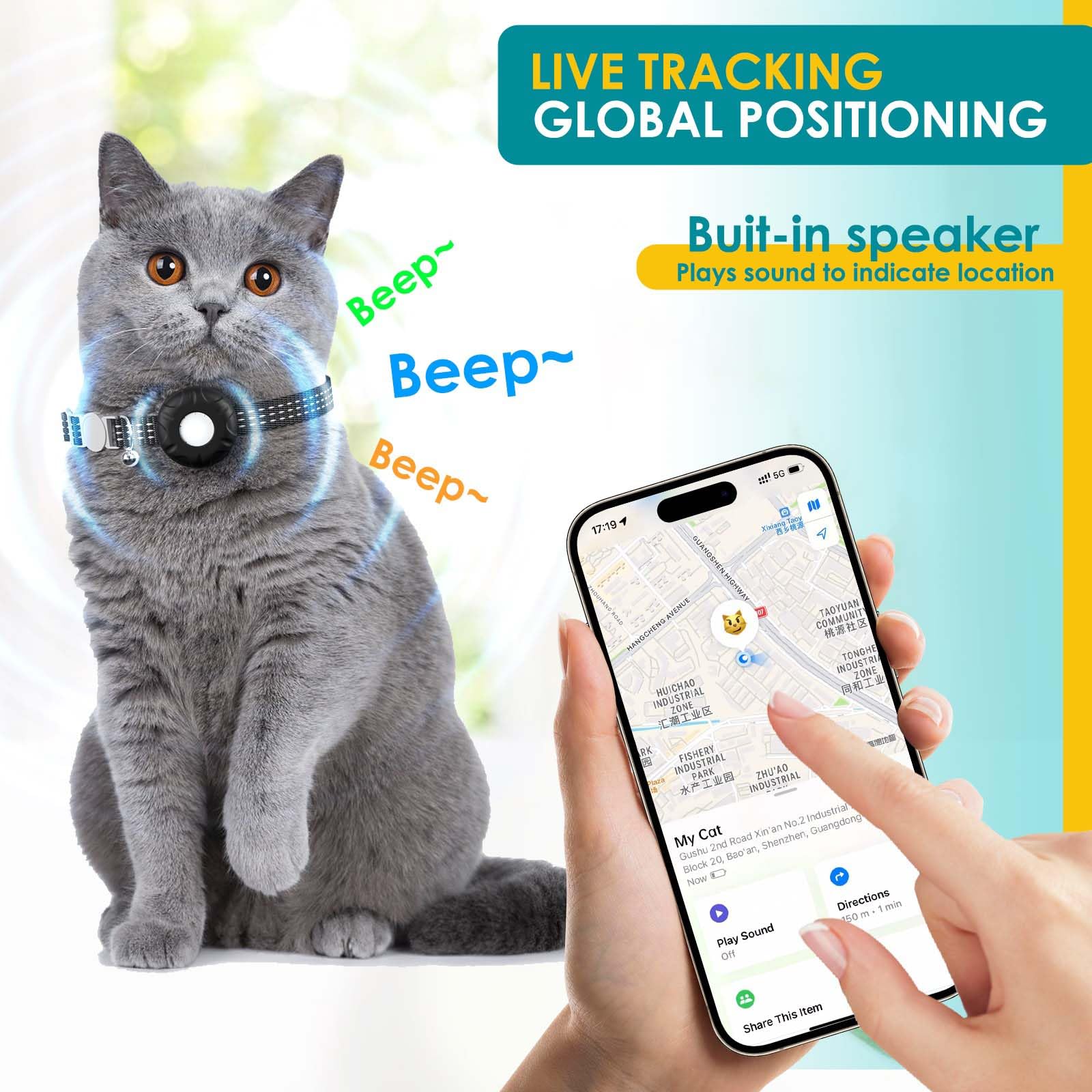 Cat Tracker, GPS Tracker Compatible with Apple Find My App(Only iOS), Waterproof Cat Tracker Collar with Bell and Safety Elastic Buckle, No Subscription Fee, Territory & Location History (Black) - image 3