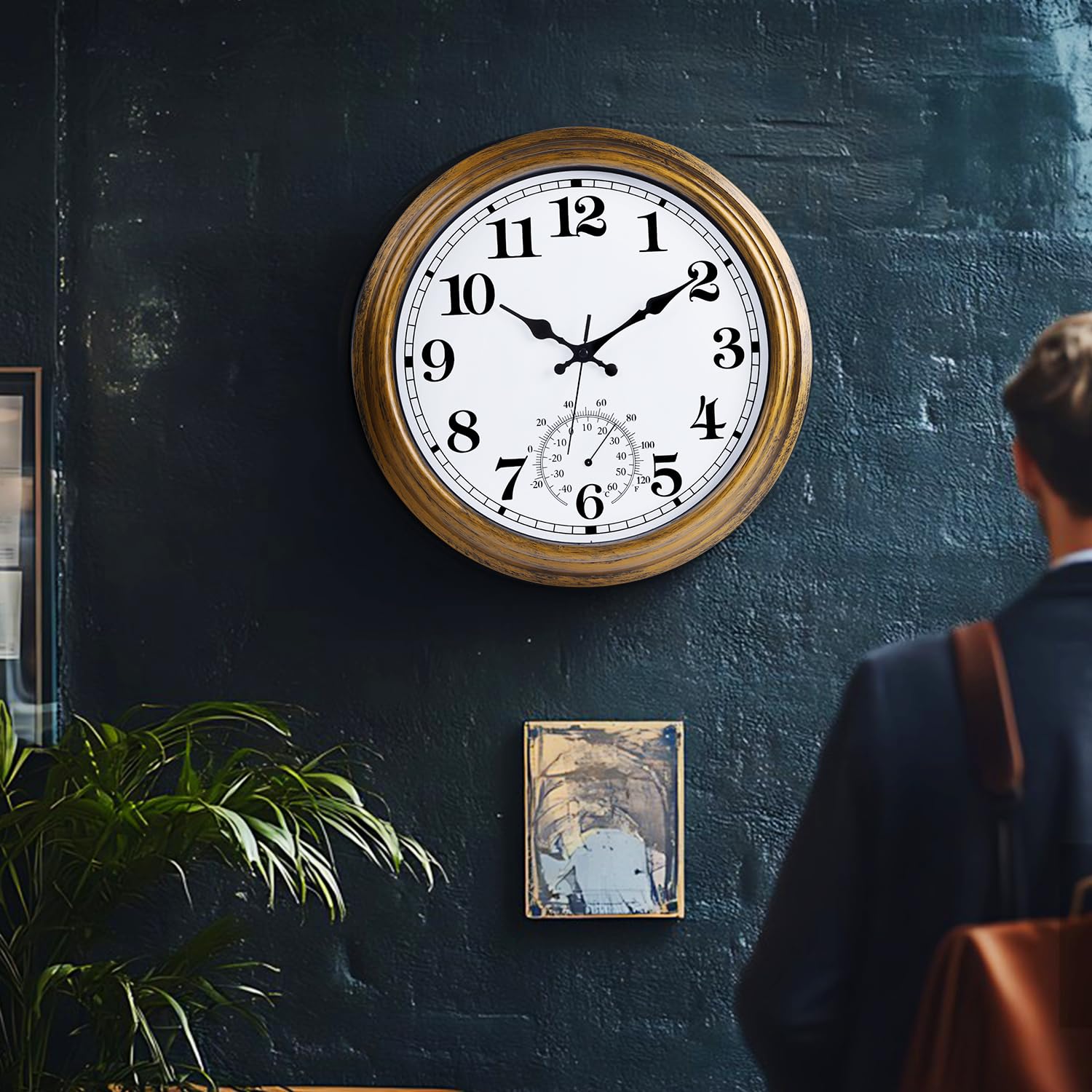 40 cm duży zegar zewnętrzny retro wodoodporny zegar nietykający wewnątrz/na zewnątrz zegar ścienny z termometrem, zasilany bateryjnie, do basenu, patio, ogrodu, brązowy