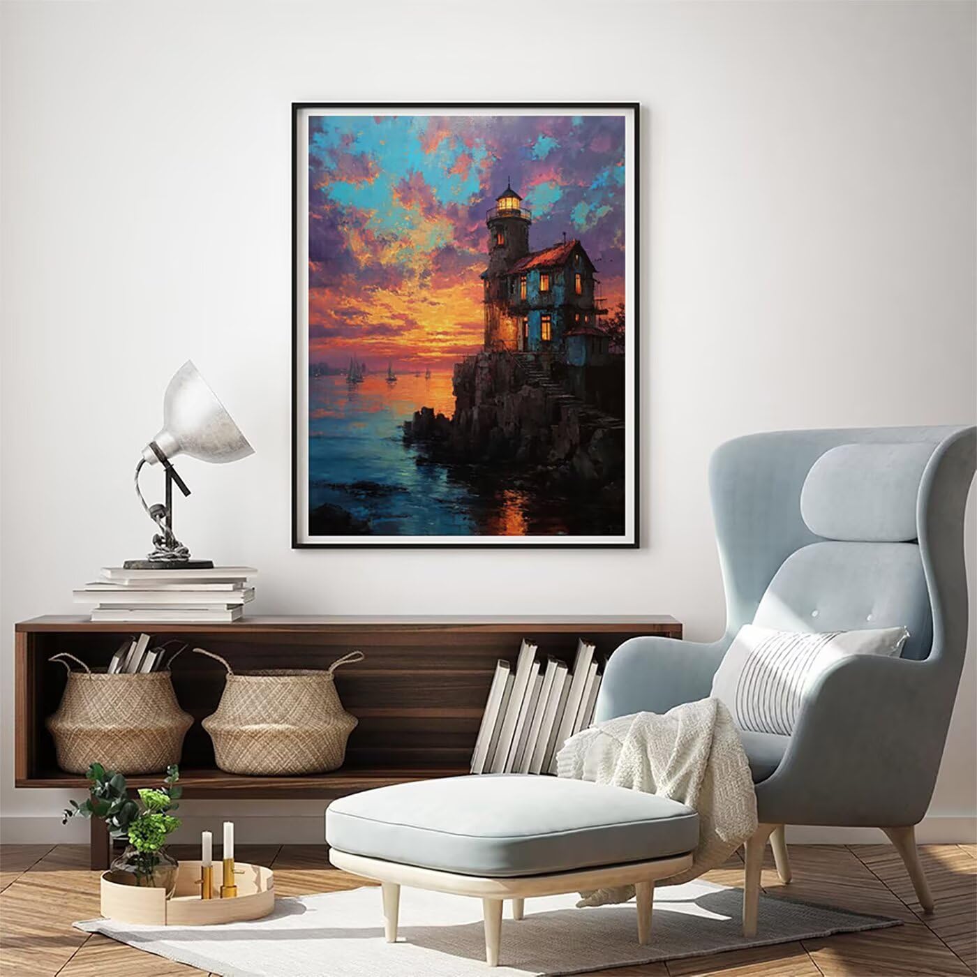 Landschaft Leuchtturm Malen Nach Zahlen Erwachsene, Paint by Numbers Adult Anfänger Kreativ Set, Heimwerk Malen Nach Zahlen Kinder, Pinsel und 36 Acrylfarbe Als, Deko Wohnzimmer 60 x 80 cm BJHWK313