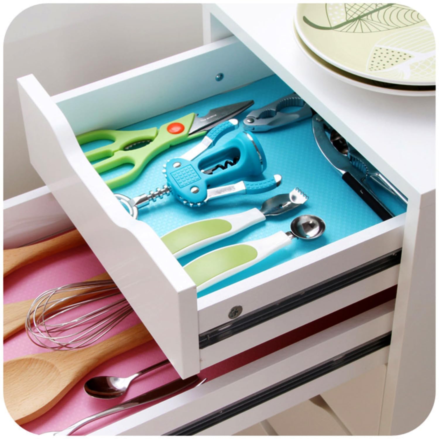 YELONA Refrigerator Mats (Pack of 6) - Washable & Waterproof Fridge Liners for Shelves - Anti-Slip, Cut-to-Fit Polyvinyl Placemats for Drawers, Cabinets & Tables (2 Blue, 2 Green, 2 Pink, 45cm x 29cm) 4