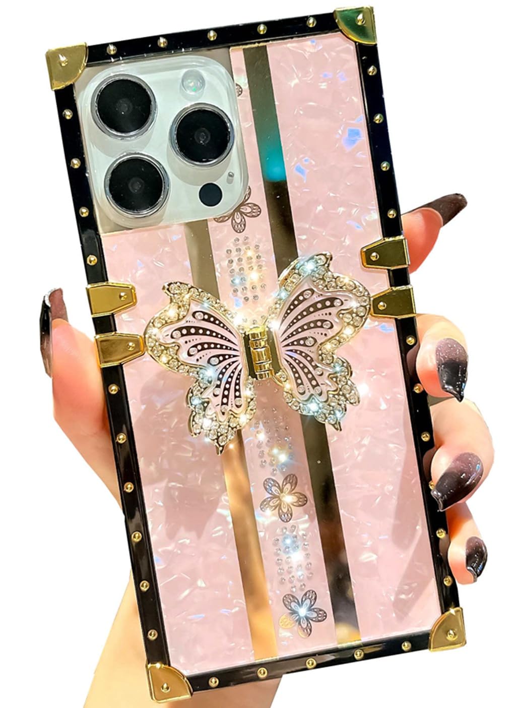 TETAW Cute Compatible with iPhone 13 Pro Max Glitter Case,Luxury Sparkly Butterfly Floral with Bling Rhinestone Foldable Kickstand Stand,Girly Bumper