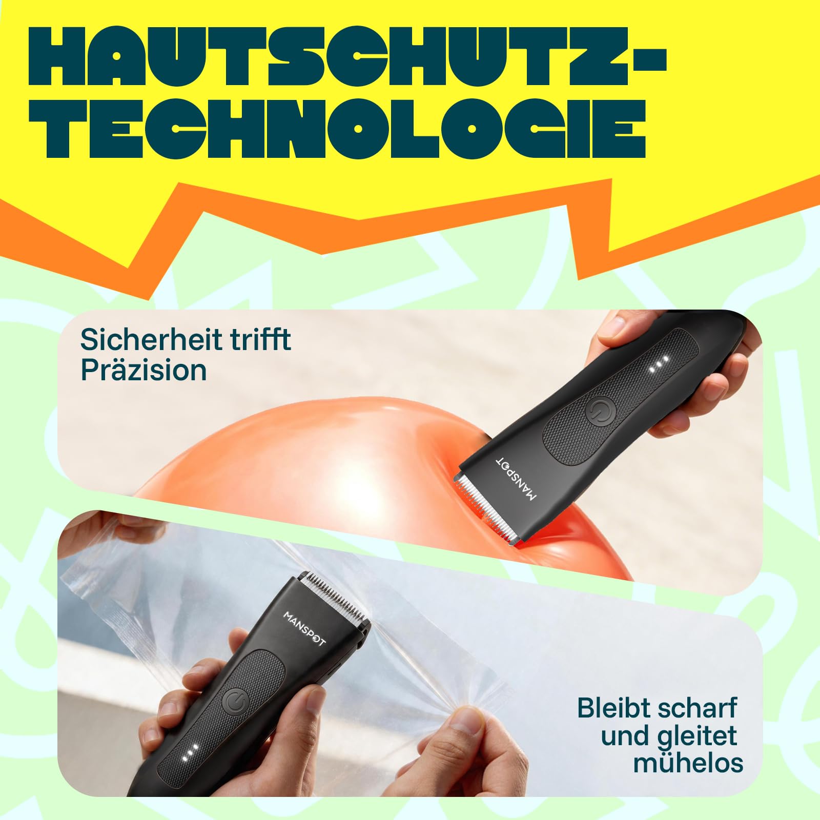 MANSPOT Intimrasierer Mann–Körperrasierer mit Keramikklinge & Abgerundeten Spitzen, Hautfreundlicher Intim Rasierer Elektrisch für Intimbereich & Körper, IPX7 Wasserdicht, 4 Aufsteckkämme