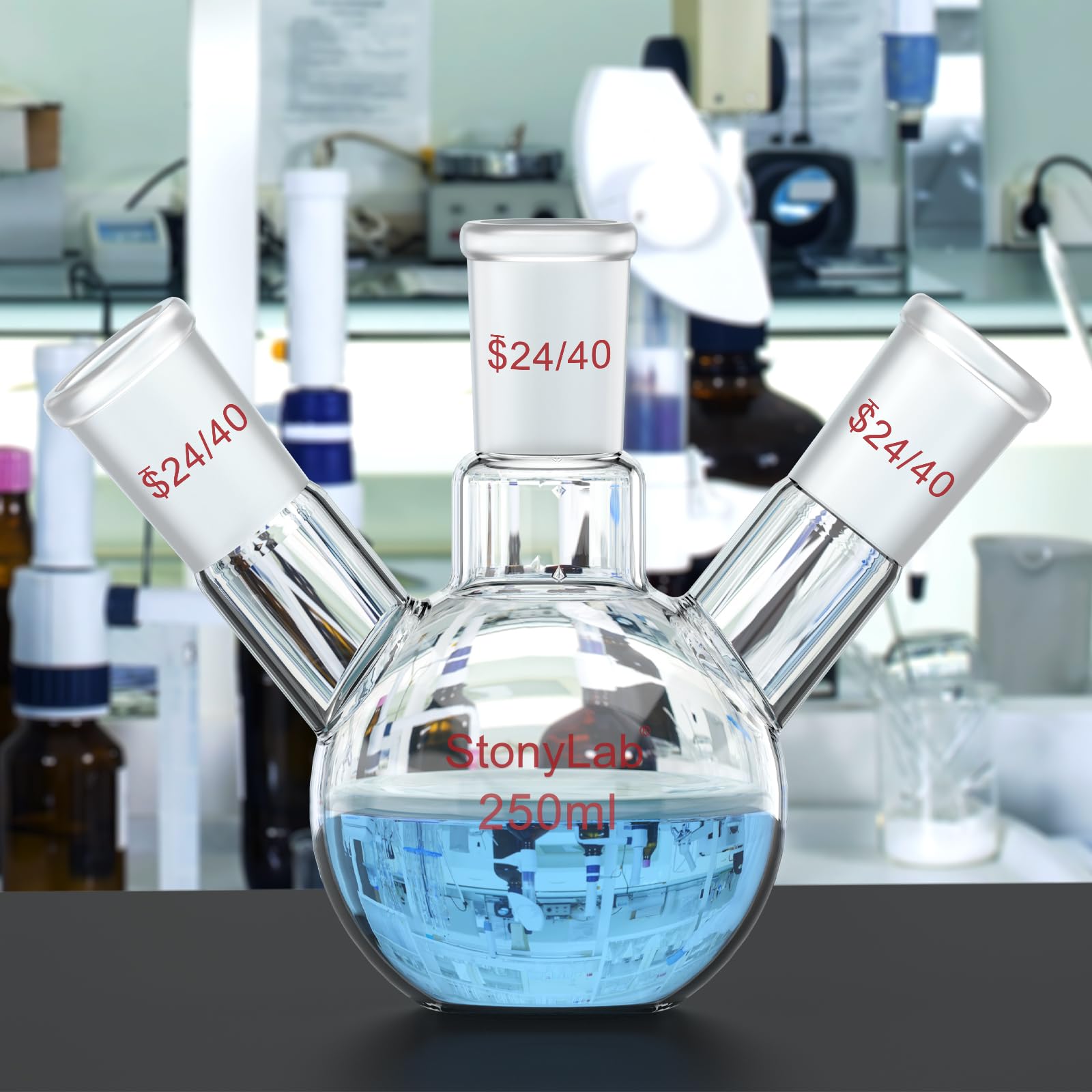 stonylab Pallone a Fondo Piatto a 3 Collo, Vetro borosilicato, Giunto Conico Standard 24/40, Pallone da Reazione per Laboratorio di Chimica, Capacità 250 ml
