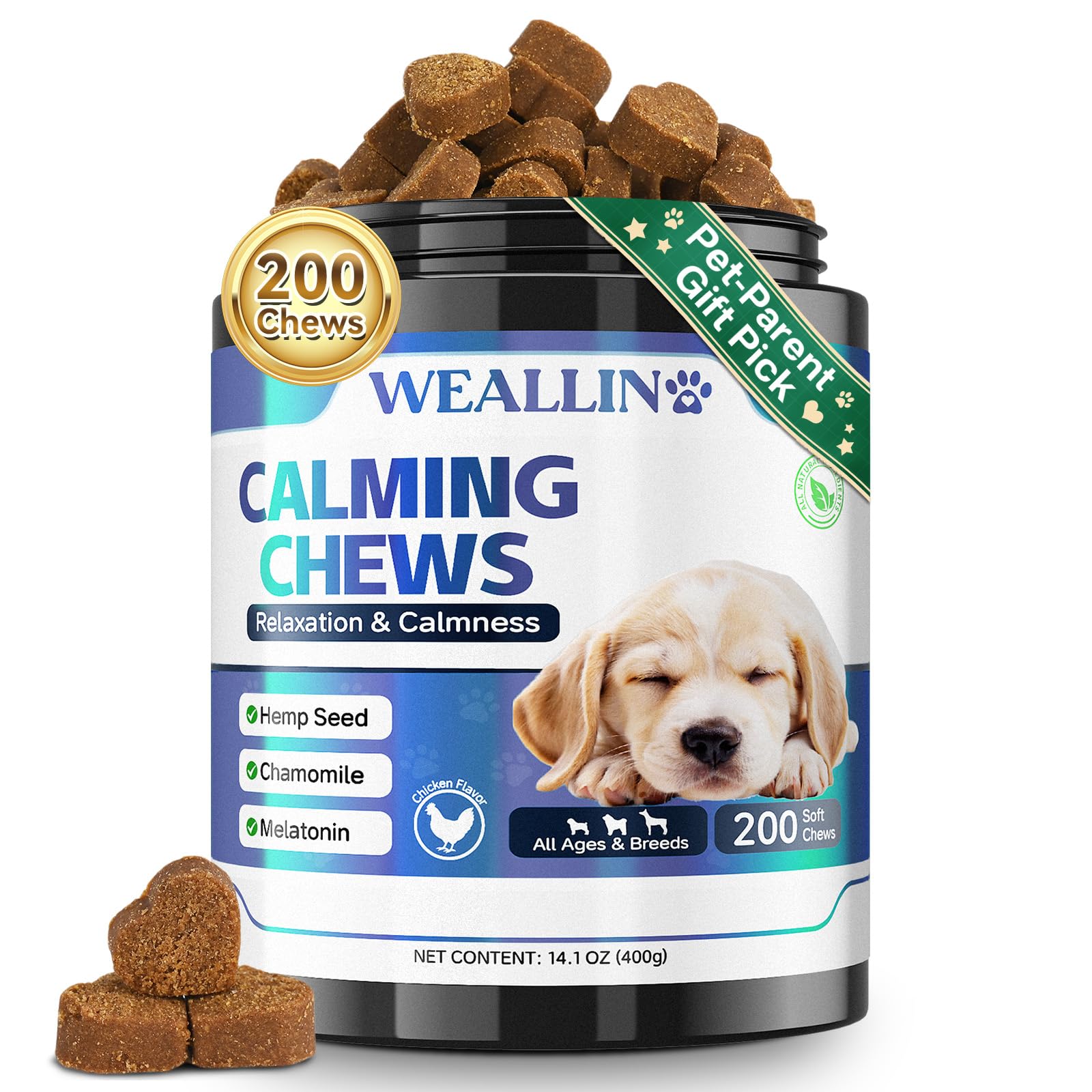 Dog Calming Treats, 200 Count Natural Soothing Dog Chews for Relaxation Support – Helps with Puppy Separation, Barking, Travel, Thunder & Tension – For All Breeds & Sizes – Chicken Flavor