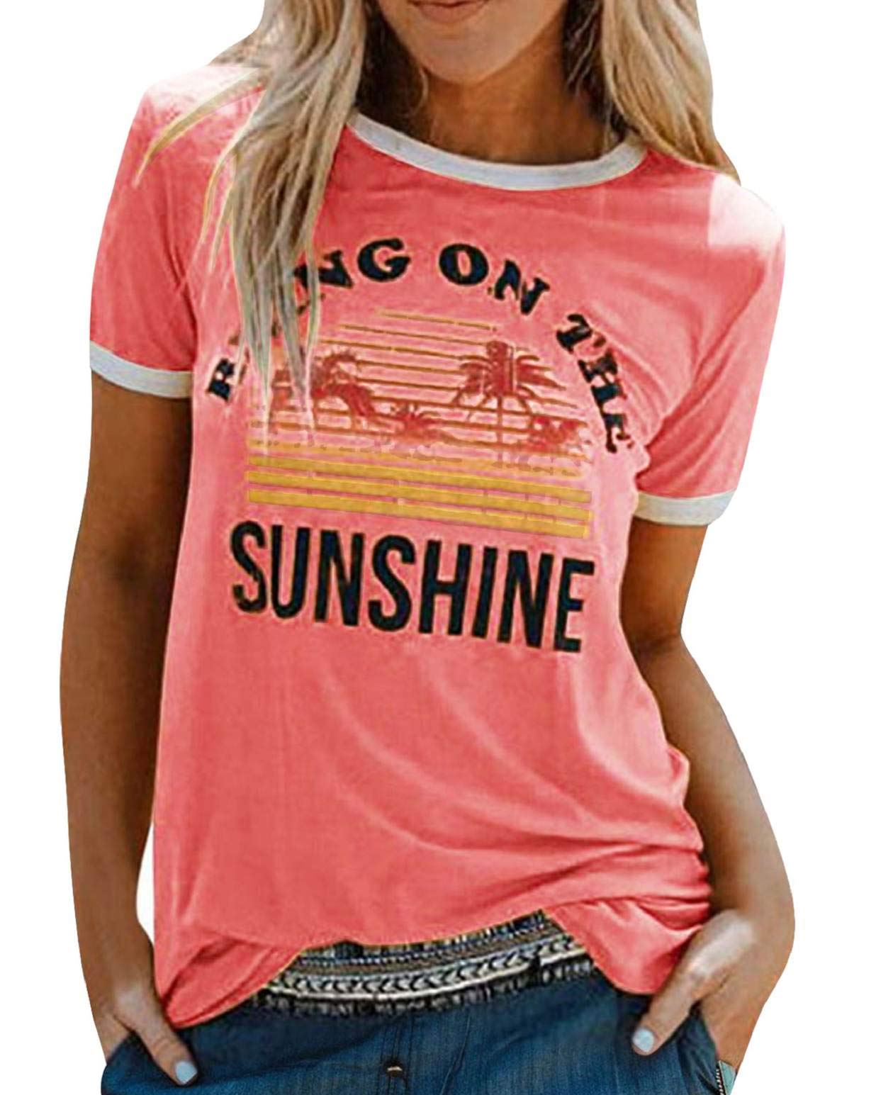 heekpek T Shirt Damen Sommer Brief Gedruckt T-Shirt Damen Rundhals Oberteile Sommer Kurzarm Shirt Lässige Hemd Tops Bluse