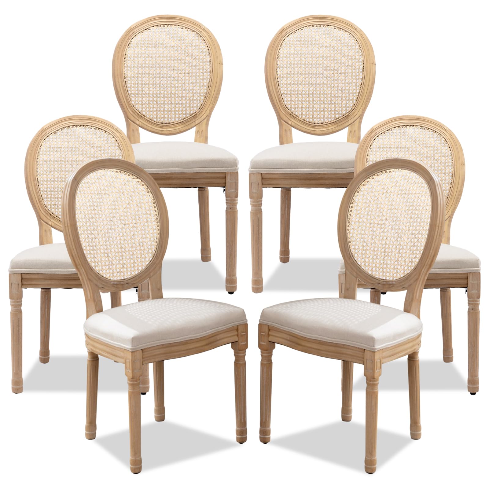 SoarFlash French Dining Chairs Set of 6, Vantage Dining Chair with Round Back, Farmhouse Country Rattan Dining Chair for Kitchen,Bedroom,Beige
