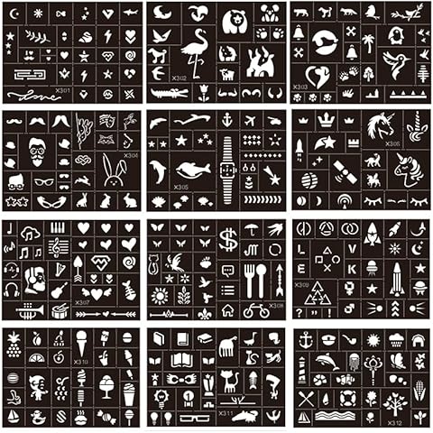Xmasir 296pcs Temporary Tattoo Stencils for Kids, 12 Sheets Face and Body Paint Stencils Kit Girls Boys Glitter Tattoo Stencil for Kids Airbrush Templates School Show Birthdays Body Art Paint Cover