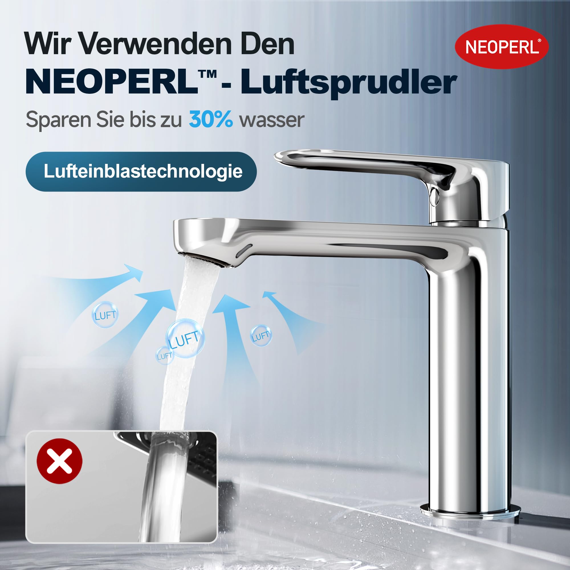 Wasserhahn Bad aus Edelstahl, Moderner Waschtischarmatur für Badezimmer mit Keramikkartusche und Ungiftigem EPDM-Innenschlauch, Einhebelmischer Waschbecken für Waschtisch und Badmöbel