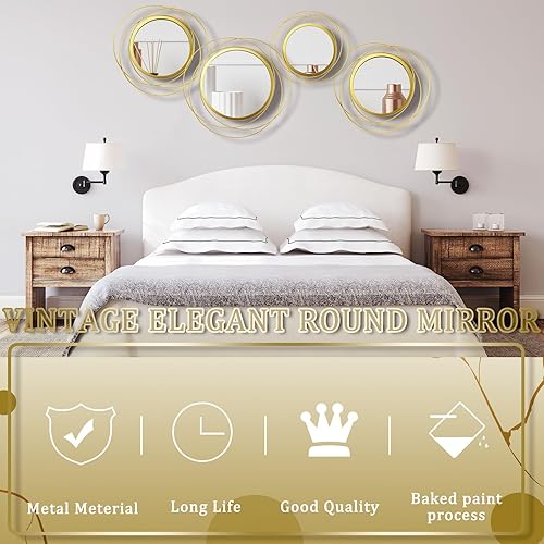Miniatura 5 de Hicarer 4 piezas decorativas redondas y modernas de oro con círculo, anillo de arte de pared de metal, espejo montado en la pared para dormitorio,