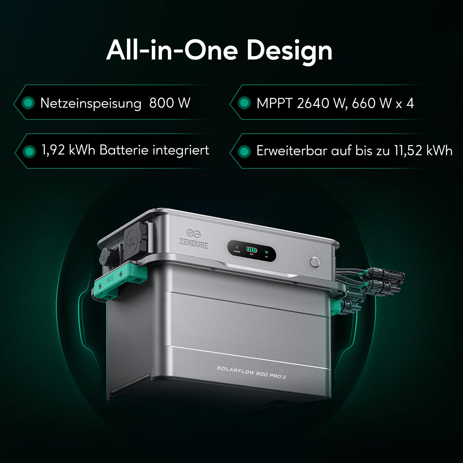 Zendure SF800 Pro 2 Balkonkraftwerk mit Speicher, Solarspeicher für Balkonkraftwerk 800W AC Ausgang mit 1,92kWh LiFePO4 Akku, Erweiterbar auf 11,52kWh, Plug & Play, IP65, KI-Energie Management System