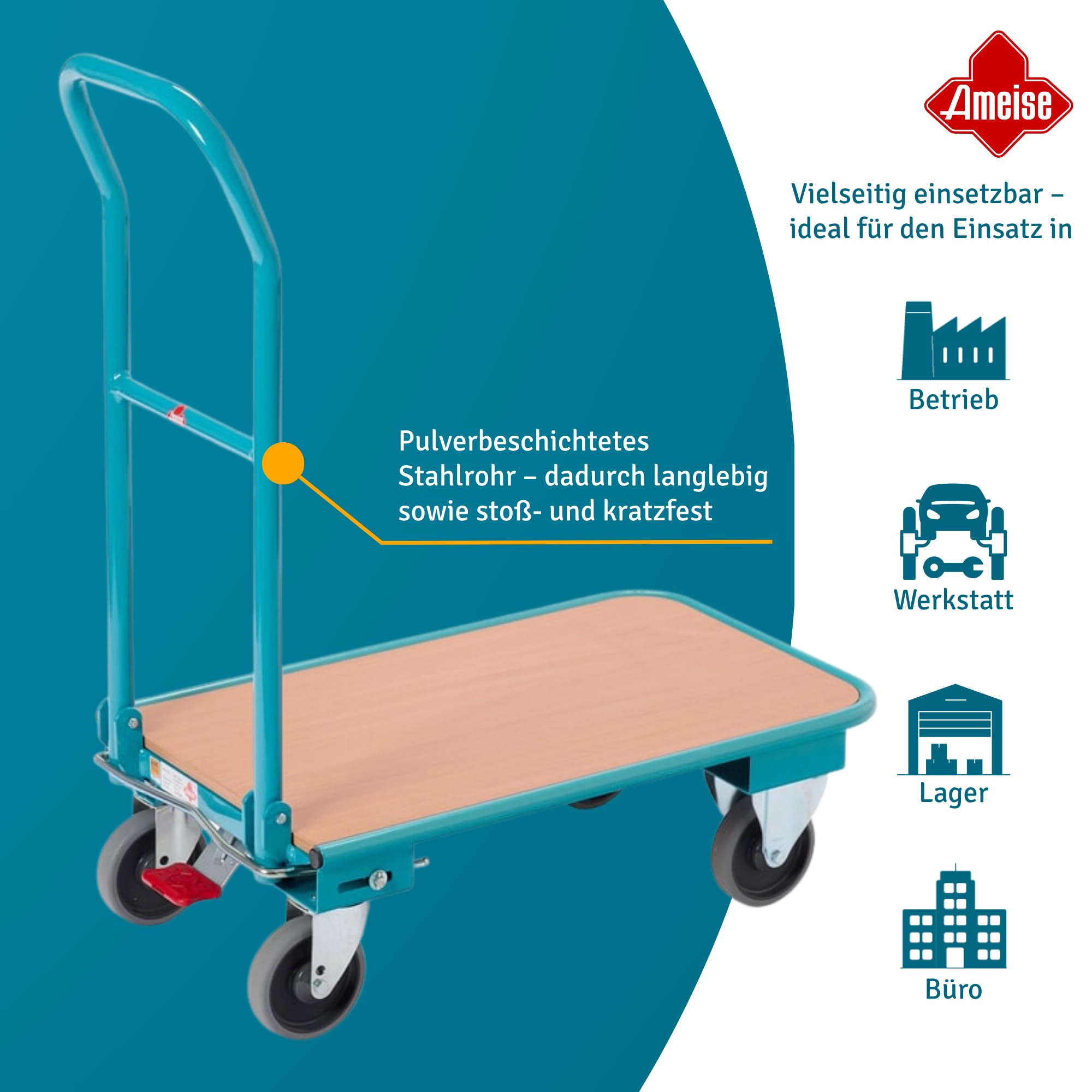 Ameise Transportwagen | 150 kg Tragkraft | HxBxT 94 x 45 x 81,5 cm | 4 TPE-Rollen mit Zentralbremse | stabiles Stahlgestell | stoß- und kratzfester Plattformwagen | klappbarer Schiebebügel