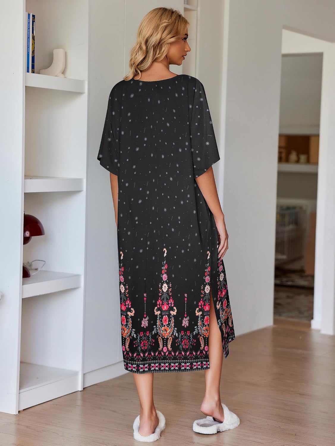Ekouaer Women's Nightgown Short Sleeve Sleepshirt Long Loungewear Casual Maxi Lounge Dress House Dresses with Pockets