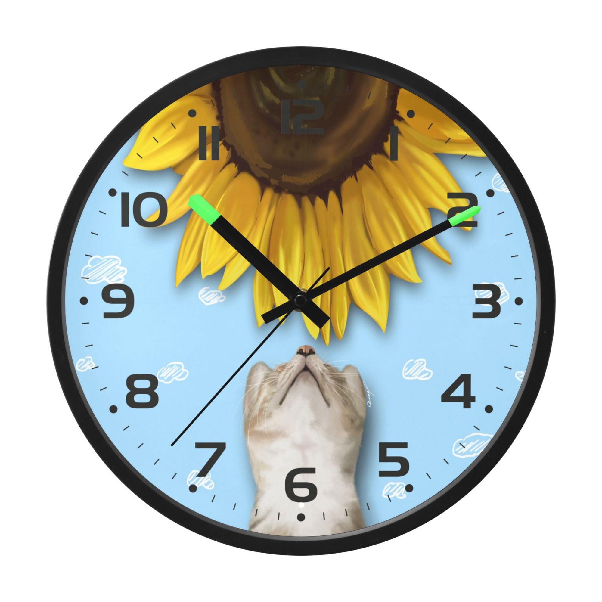 ALAZA Moderno reloj de pared digital redondo de 12 pulgadas, gato y girasoles, silencioso, decorativo, LED, funciona con pilas, para cocina, sala de estar, oficina